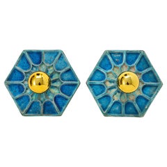 Pair of 1970s Scandinavian Hexagonal Blue Ceramic Wall Lights