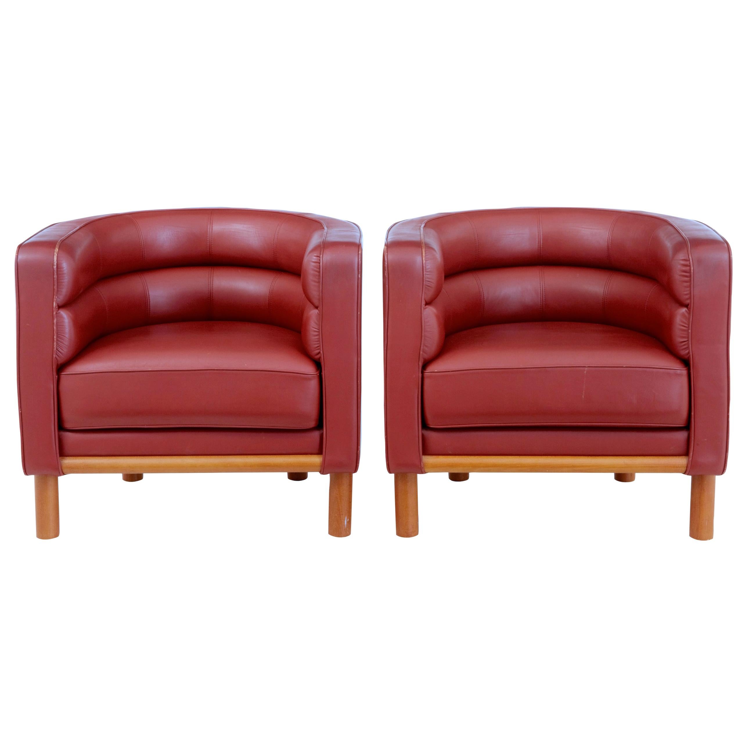 Pair of 1970s Scandinavian Large Red Leather Club Armchairs