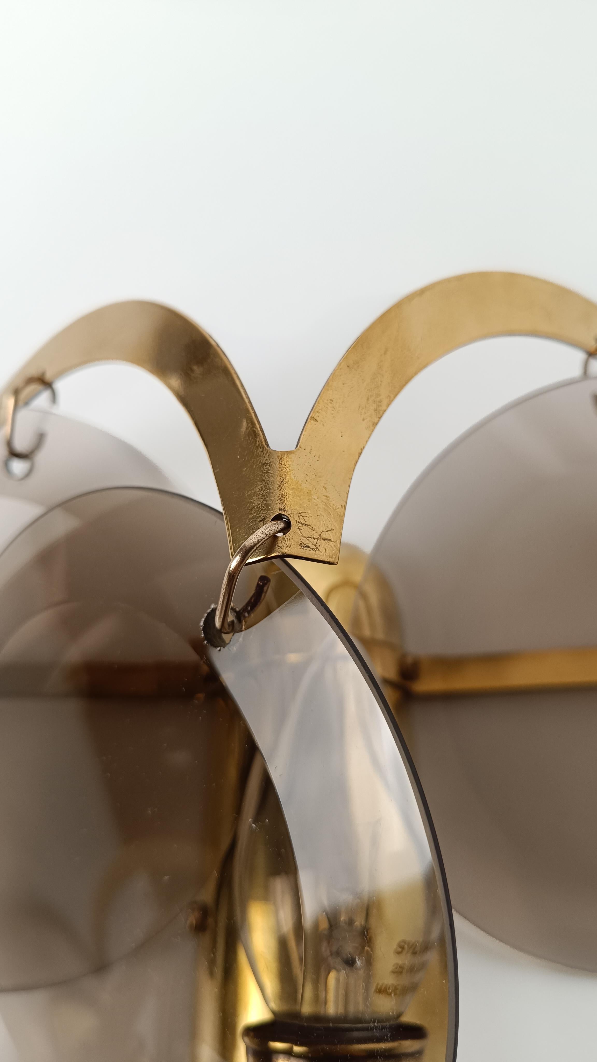 20th Century Pair of 1970s Sciolari Sconces in Brass and Smoked Bevelled Glass Discs, Italy For Sale