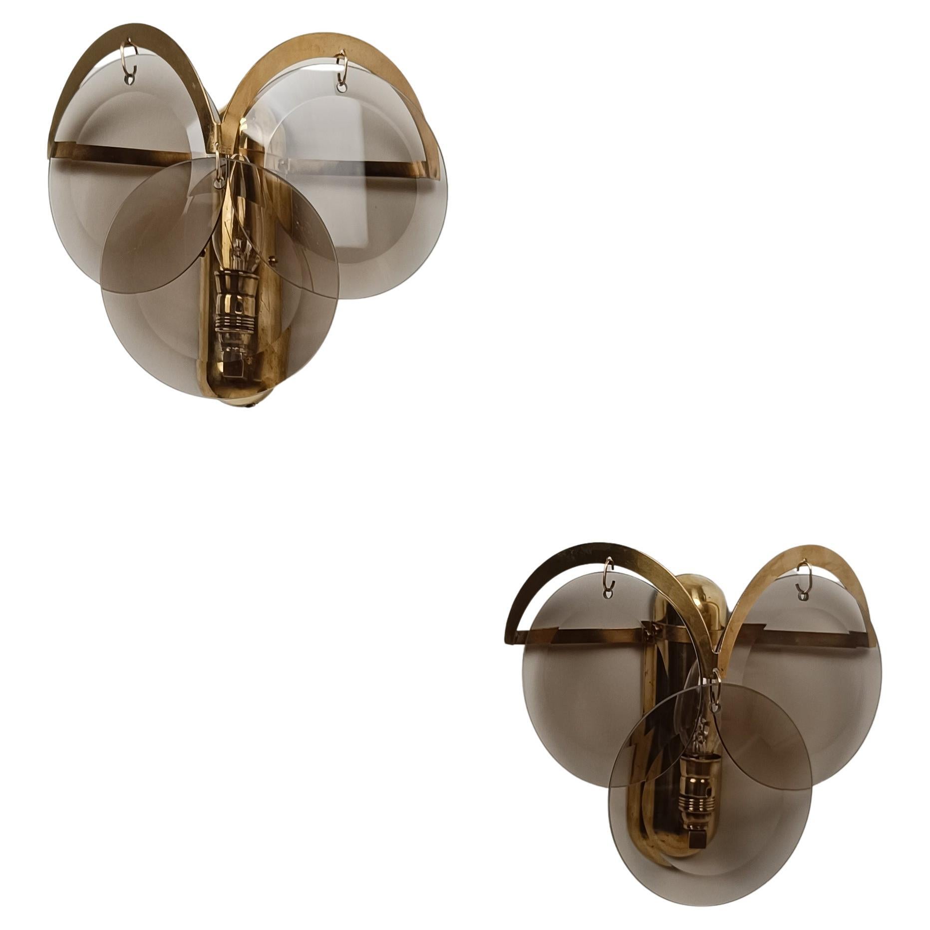 Pair of 1970s Sciolari Sconces in Brass and Smoked Bevelled Glass Discs, Italy