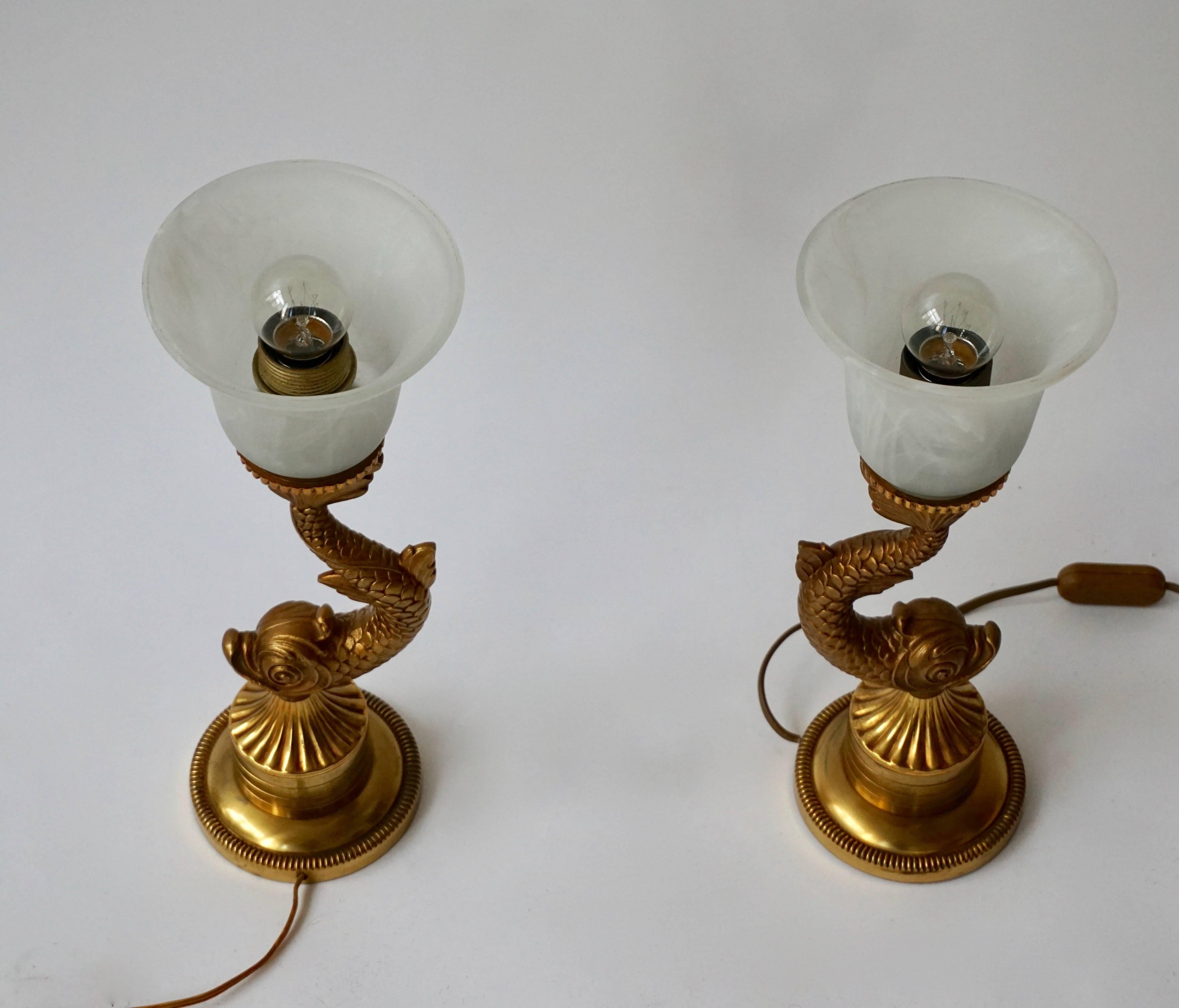 Hollywood Regency Pair of 1970s Sculptural Brass and Glass Koi Fish Lamps For Sale