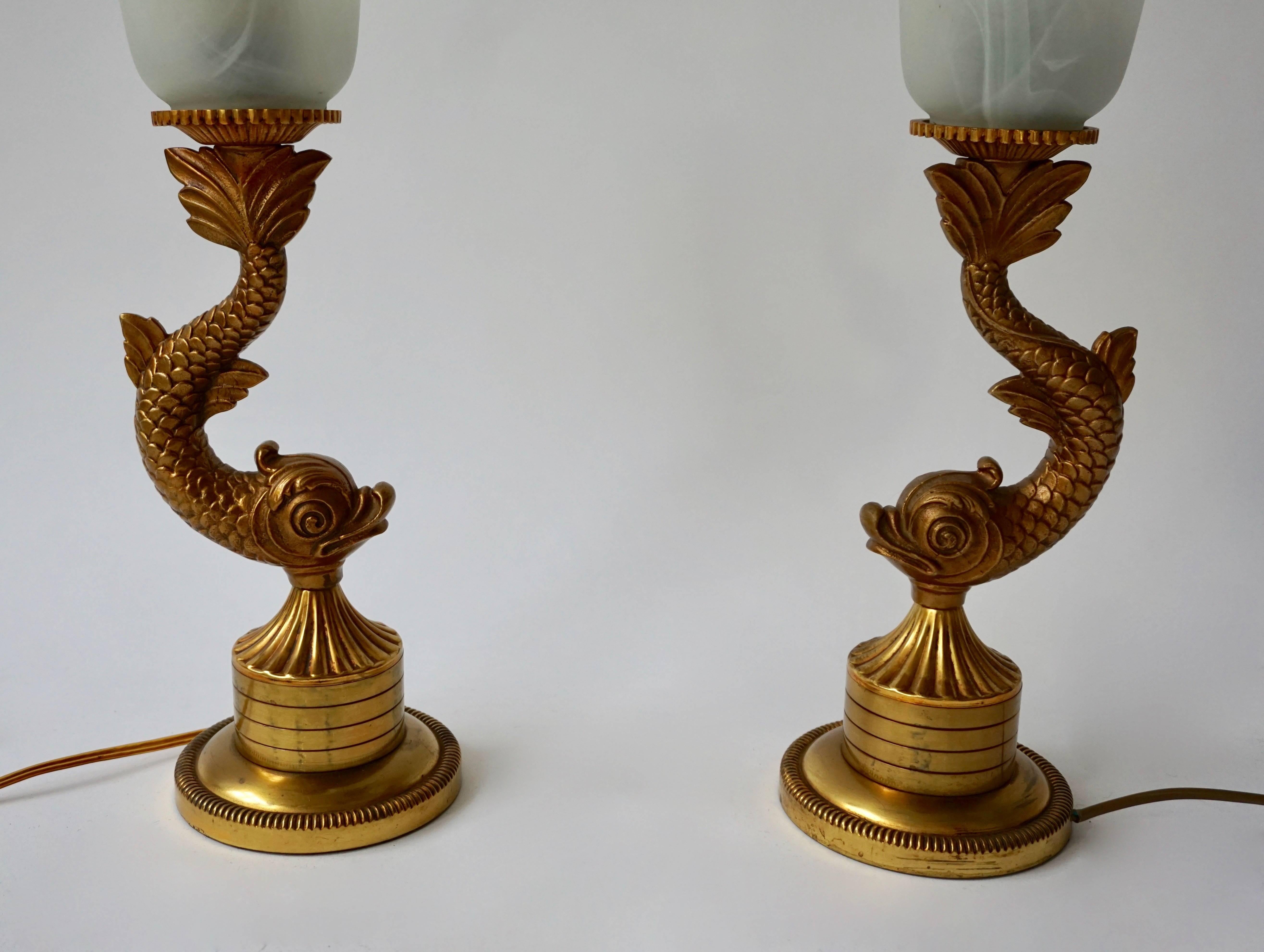 French Pair of 1970s Sculptural Brass and Glass Koi Fish Lamps For Sale