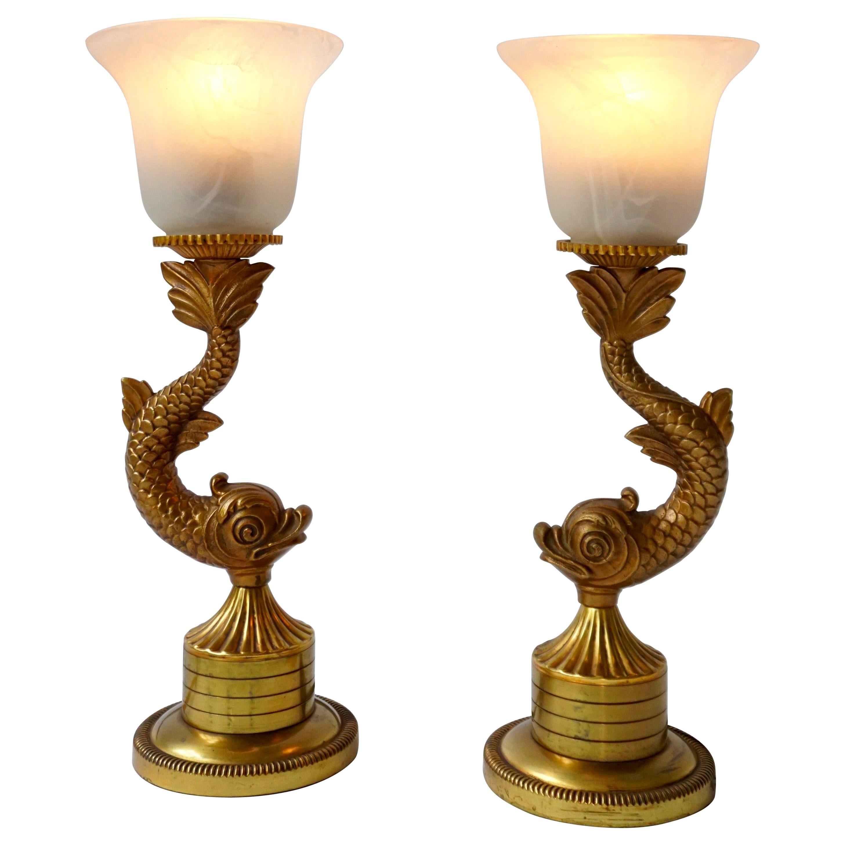 Pair of 1970s Sculptural Brass and Glass Koi Fish Lamps
