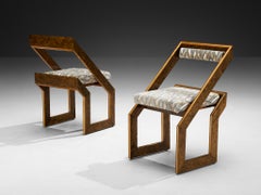 Pair of 1970s Sculptural Geometric Chairs in Expressive Grain Wood and Brass