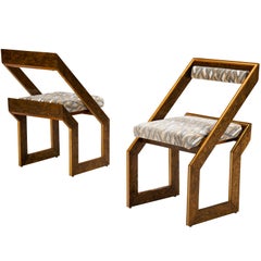 Pair of 1970s Sculptural Geometric Chairs in Expressive Grain Wood and Brass