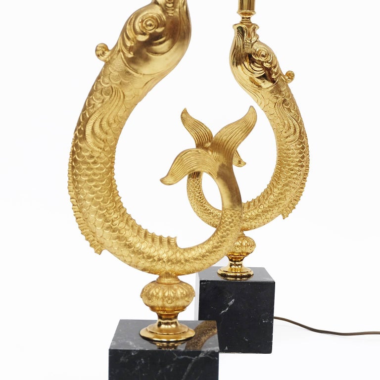 French Pair of 1970s Sculptural Gold and Marble Koi Fish Lamps For Sale