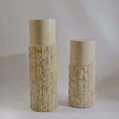 Pair of 1970s Sculptural Round Textural Travertine Pedestals on Uneven Heights