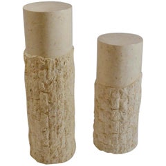 Pair of 1970s Sculptural Round Textural Travertine Pedestals on Uneven Heights