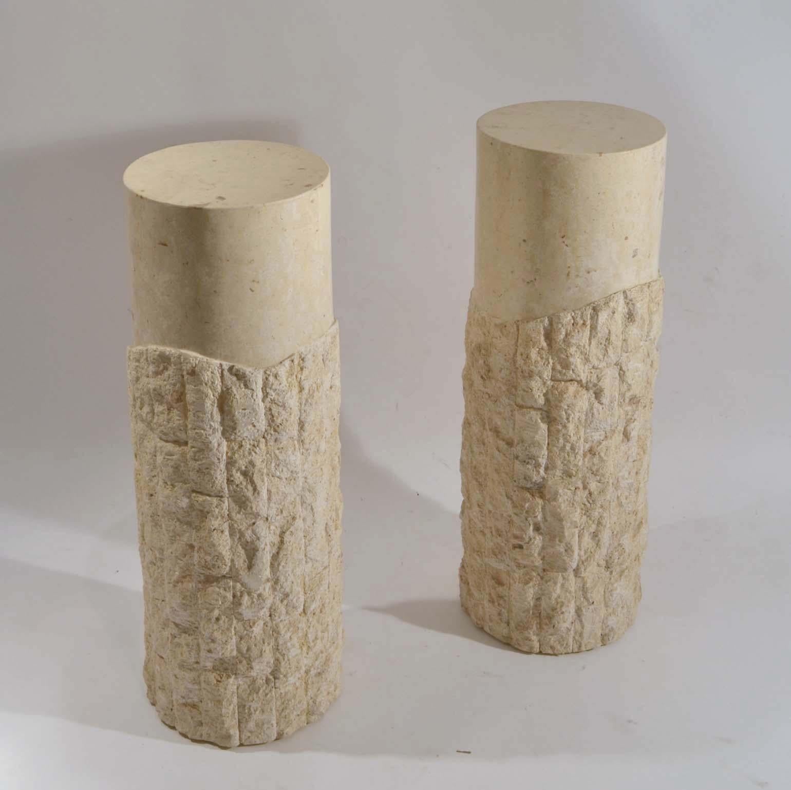 Pair of 1970s Sculptural Round Travertine Textural Pedestals  1