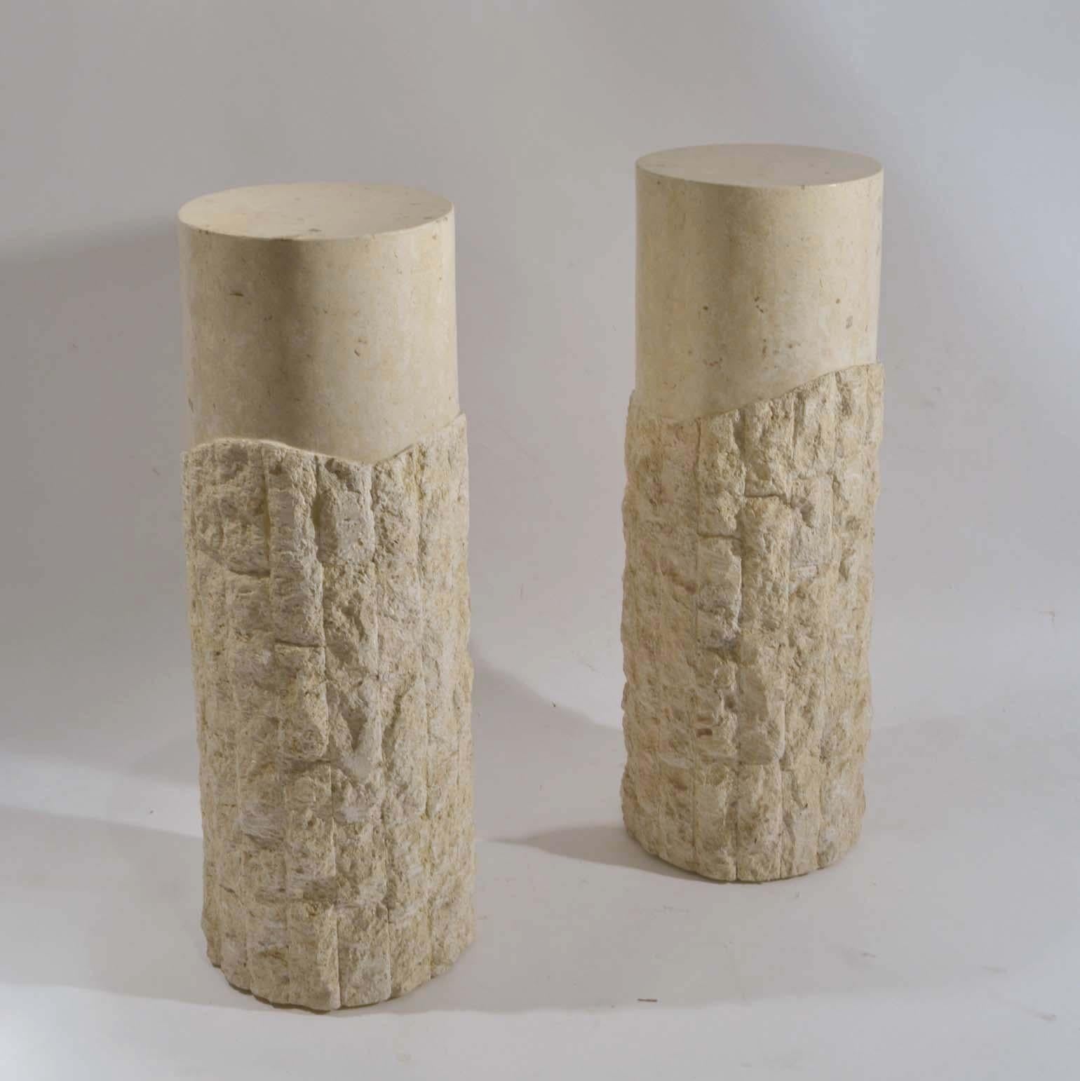 Pair of 1970s Sculptural Round Travertine Textural Pedestals  2