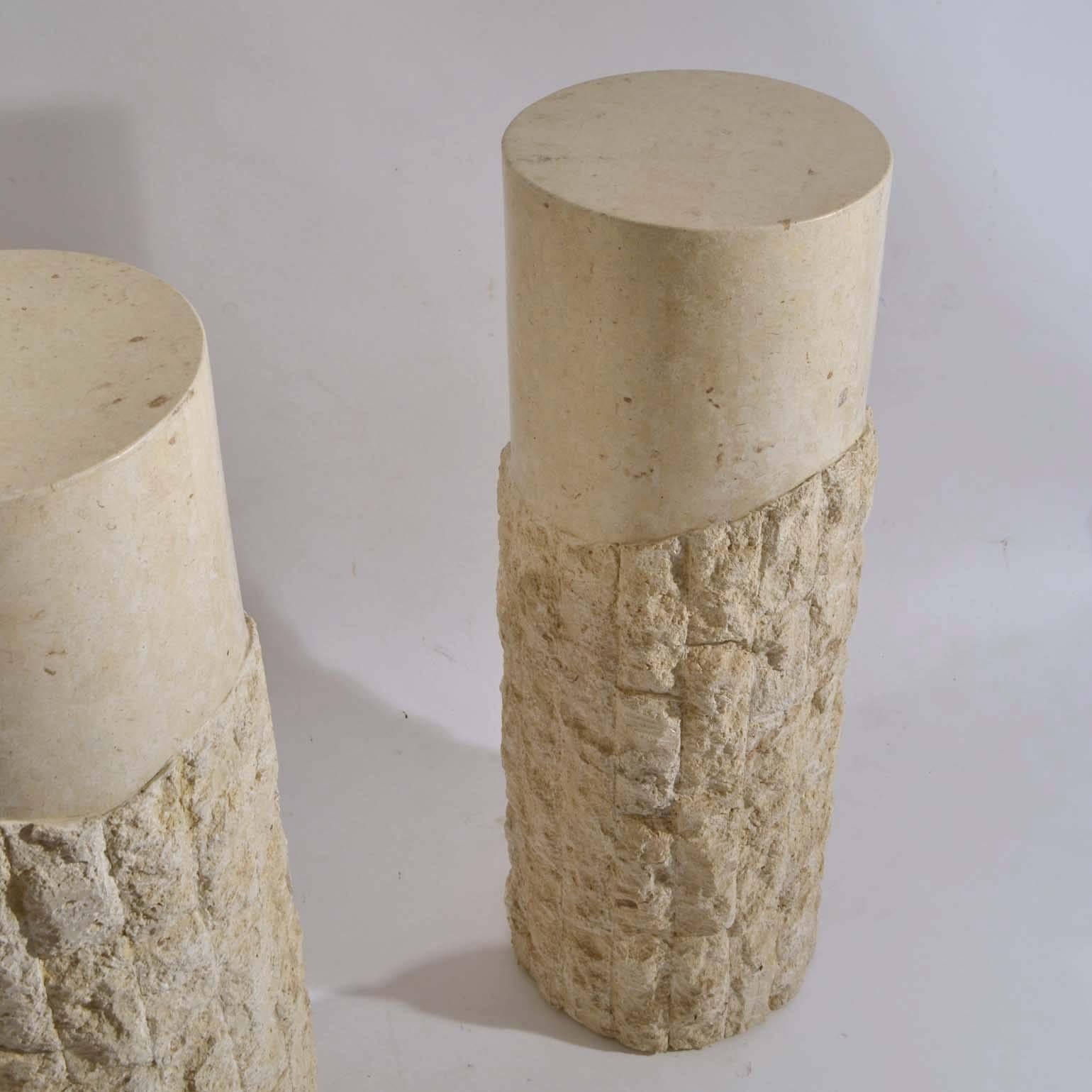 Pair of 1970s Sculptural Round Travertine Textural Pedestals  3