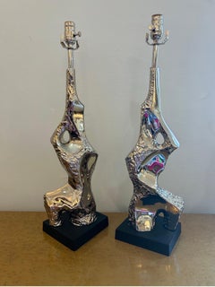 Pair of 1970s silver brutalist table lamps by Richard Barr for Laurel lamp