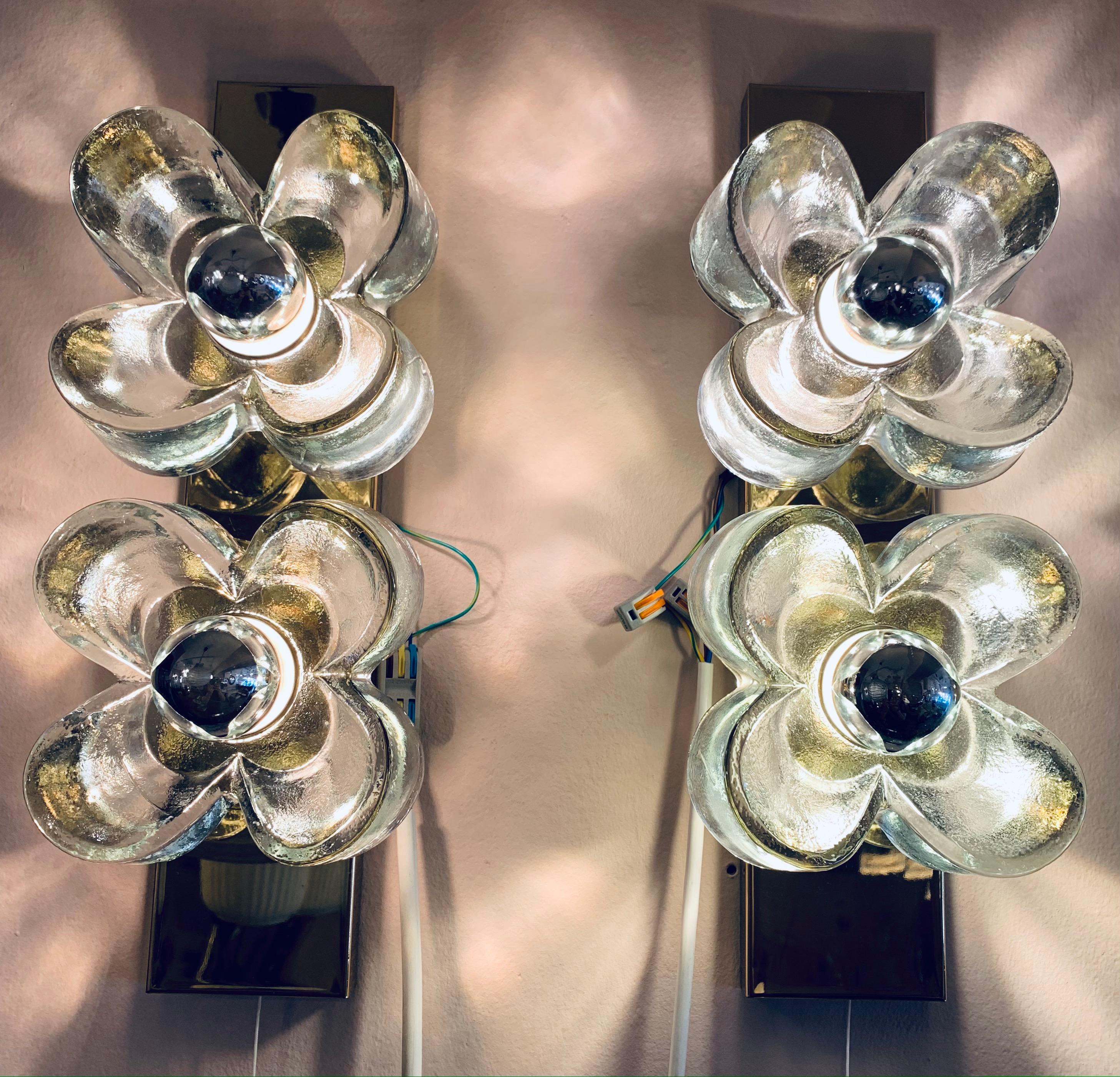 Mid-Century Modern Pair of 1970s Sische Lighting Brass and Murano Glass Flower Wall Sconce Lights