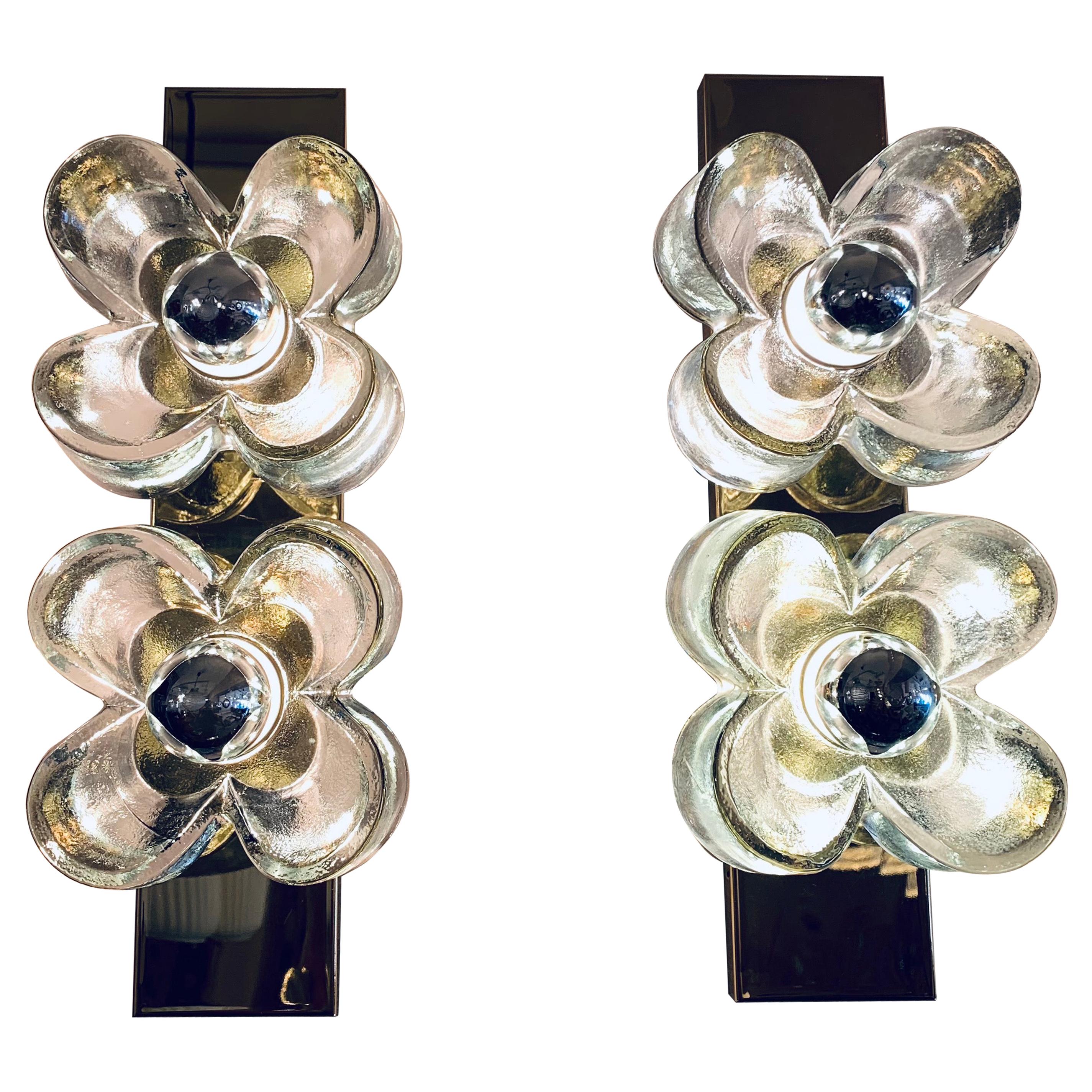 Pair of 1970s Sische Lighting Brass and Murano Glass Flower Wall Sconce Lights