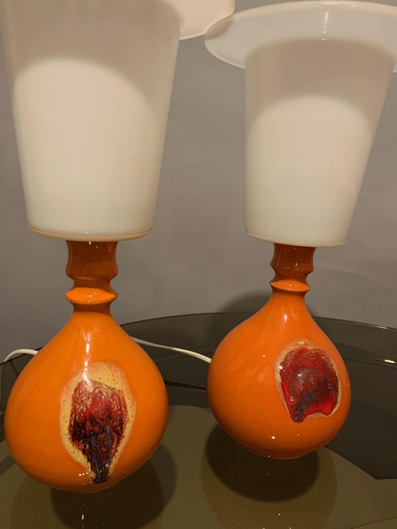 Mid-Century Modern Pair of 1970s Small Ceramic Orange Table Lamps by Bjorn Wiinblad for Rosenthal