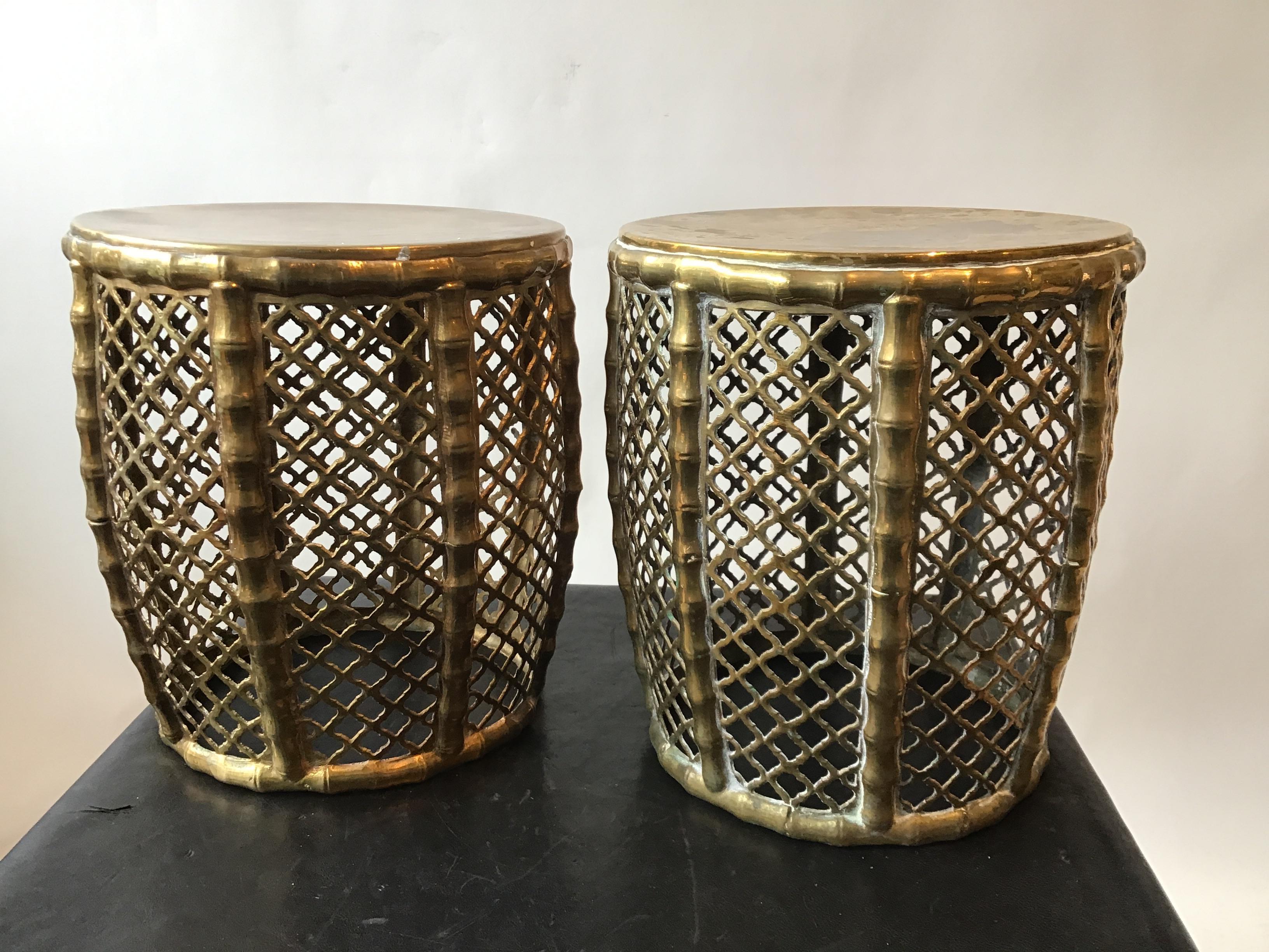 Pair of 1970s Solid Brass Faux Bamboo Garden Seats 3