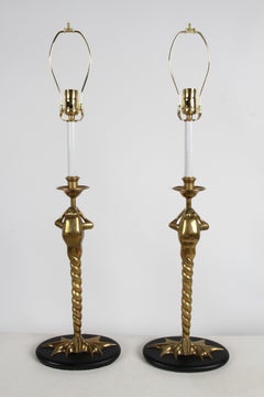 Pair of 1970s Solid Brass Frog with Twisted Legs Table Lamps by Chapman Lamp Co.