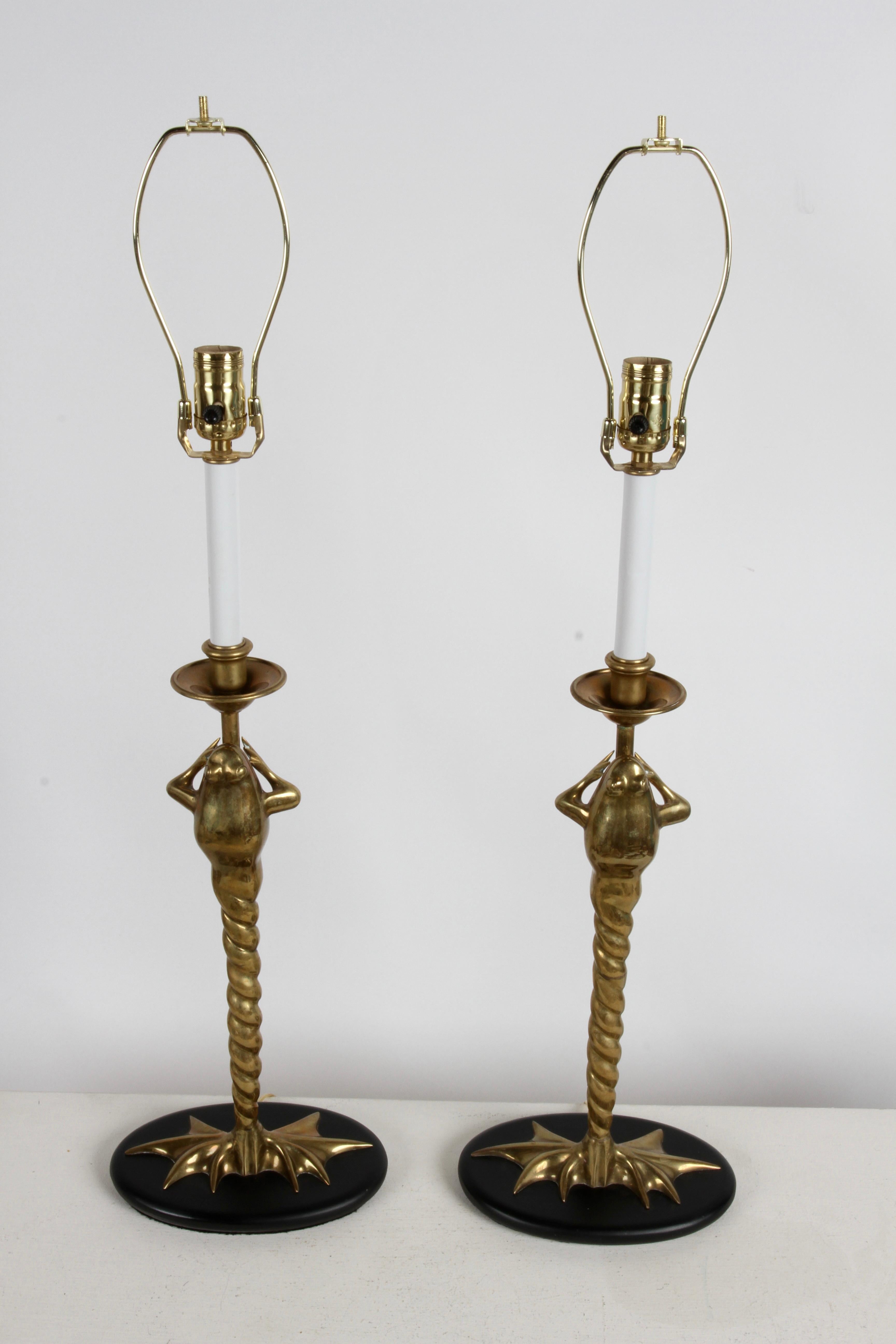 Hollywood Regency Pair of 1970s Solid Brass Frog with Twisted Legs Table Lamps by Chapman Lamp Co. For Sale