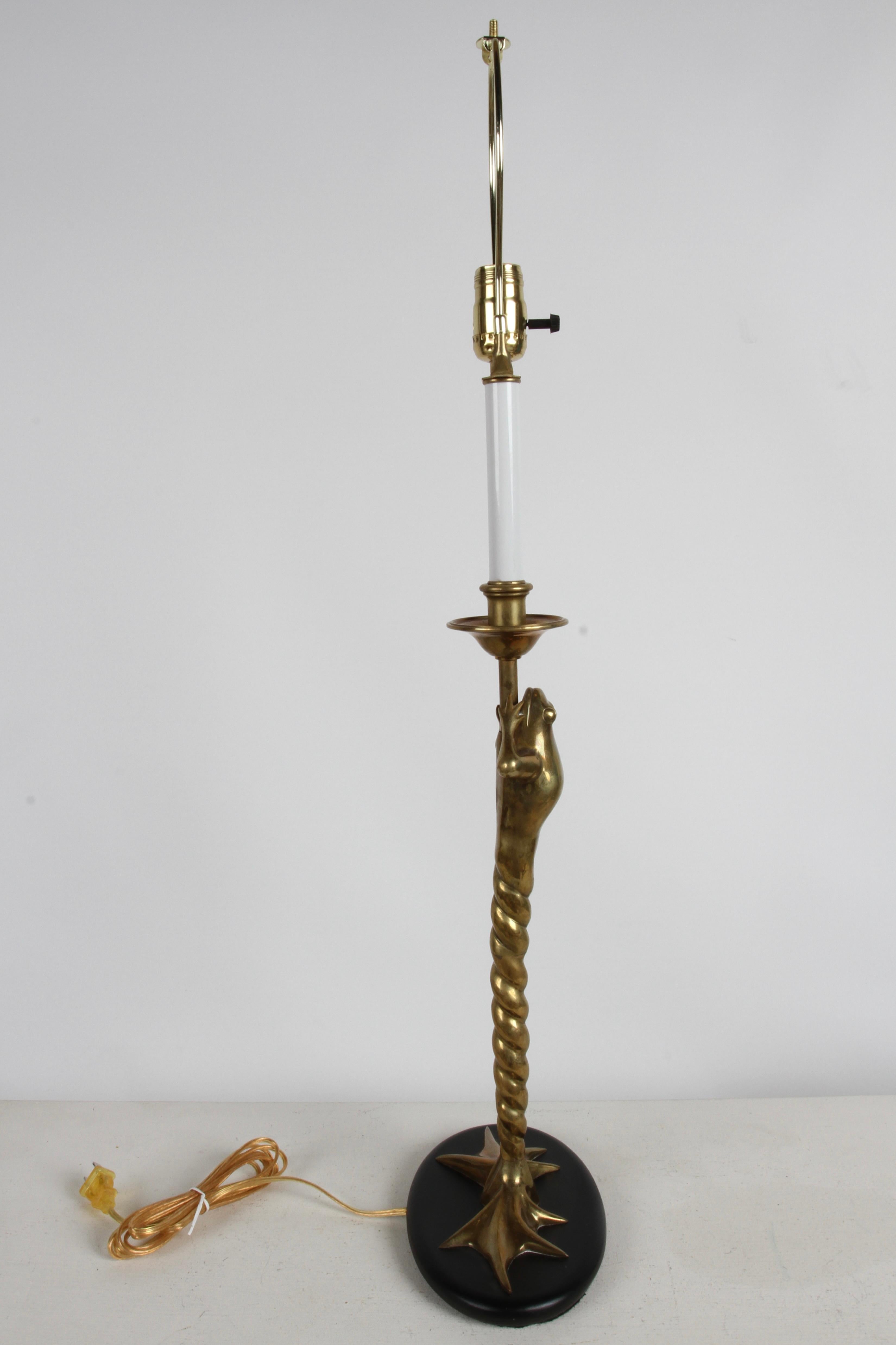 Late 20th Century Pair of 1970s Solid Brass Frog with Twisted Legs Table Lamps by Chapman Lamp Co. For Sale