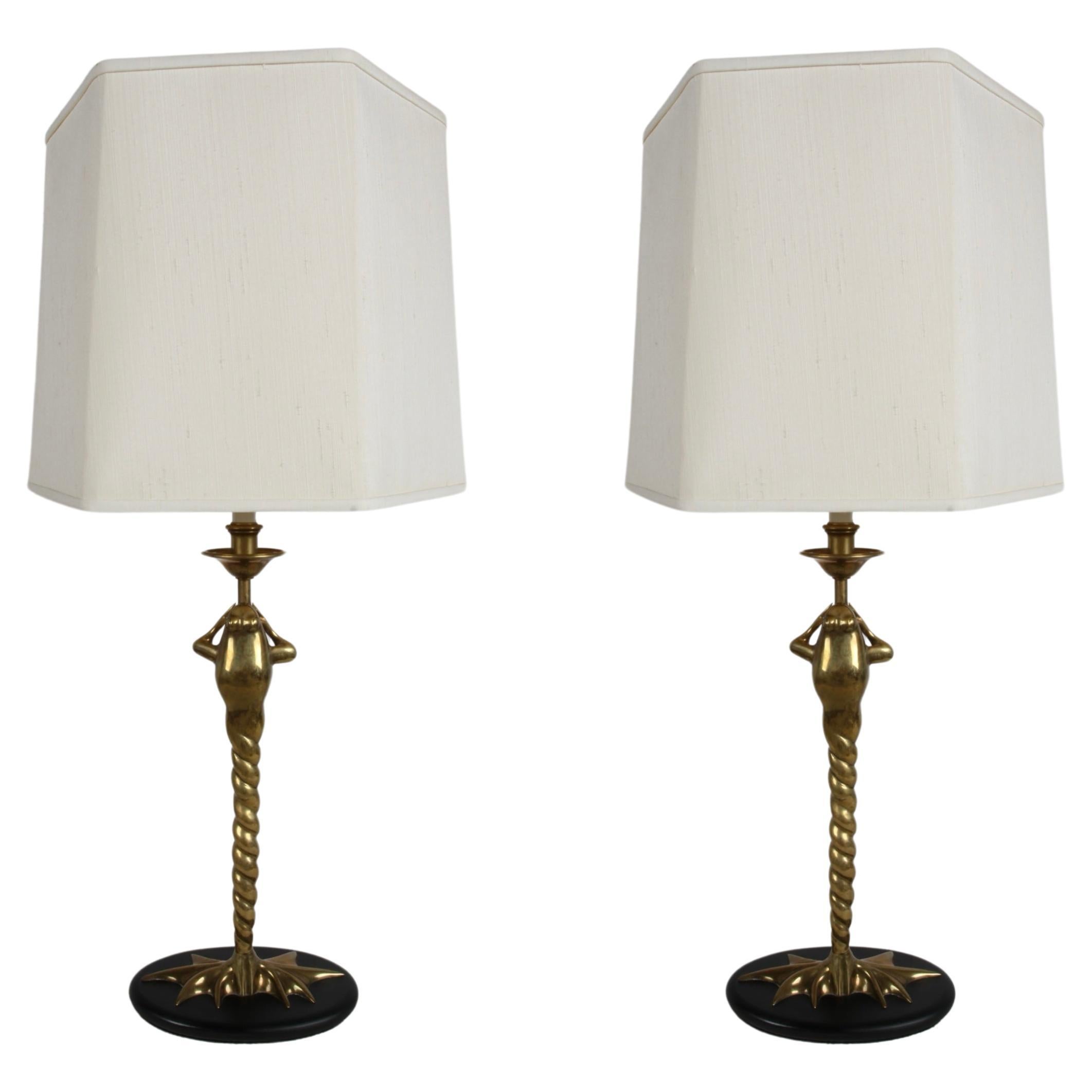 Pair of 1970s Solid Brass Frog with Twisted Legs Table Lamps by Chapman Lamp Co.