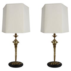 Used Pair of 1970s Solid Brass Frog with Twisted Legs Table Lamps by Chapman Lamp Co.