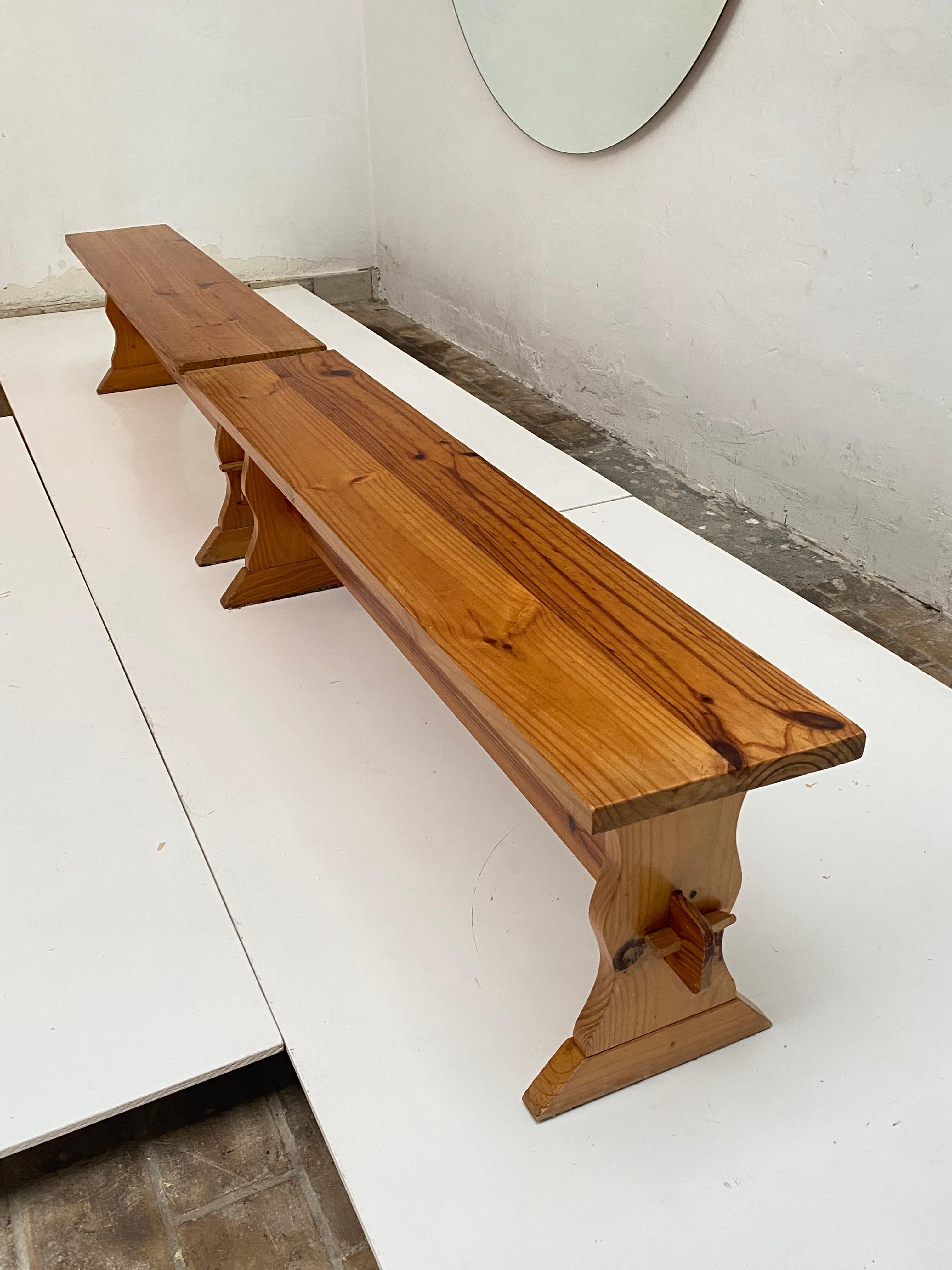 Scandinavian Modern Pair of 1970's Solid Pine Wood Benches Sweden For Sale