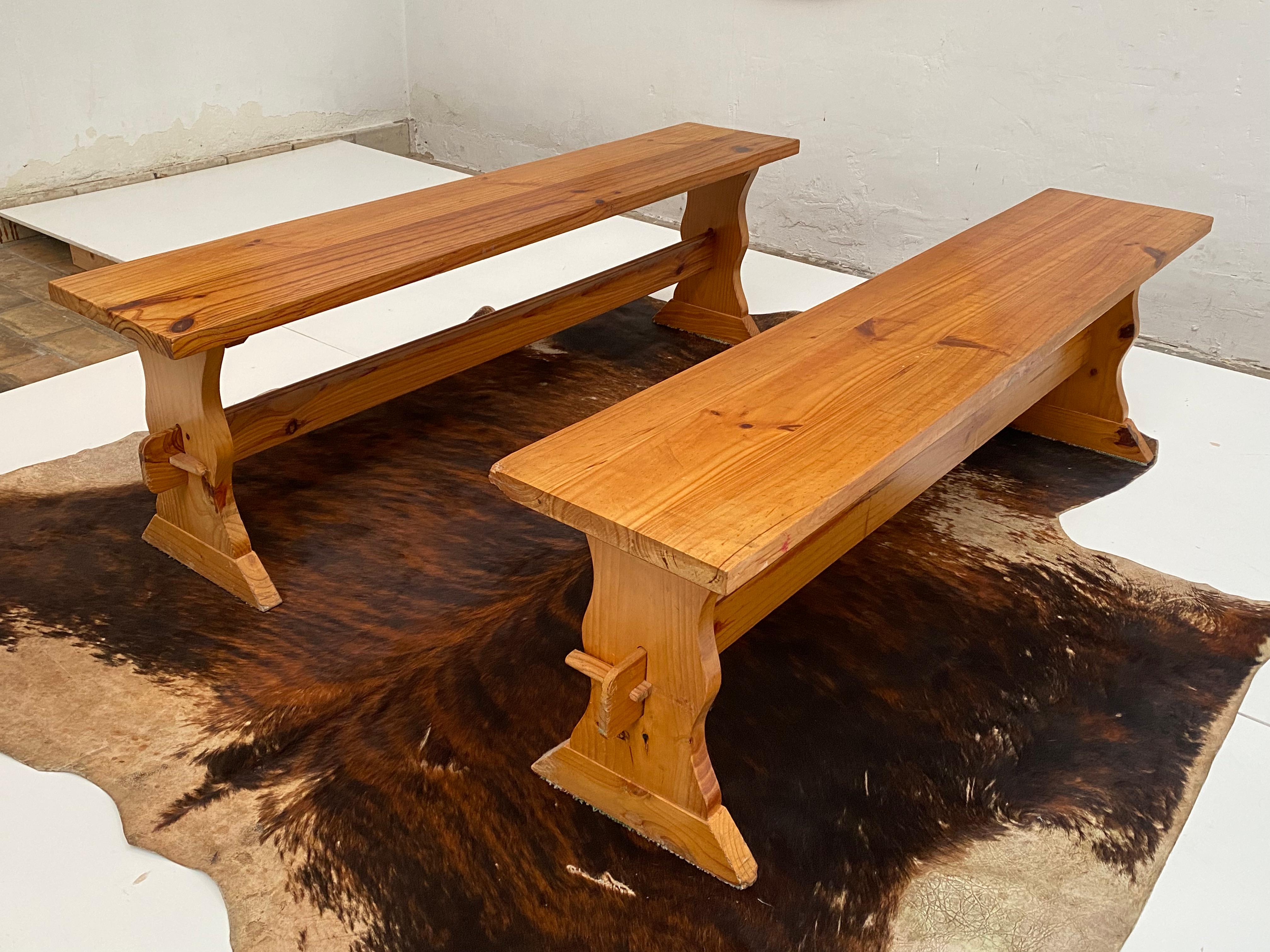 Pair of 1970's Solid Pine Wood Benches Sweden For Sale 2
