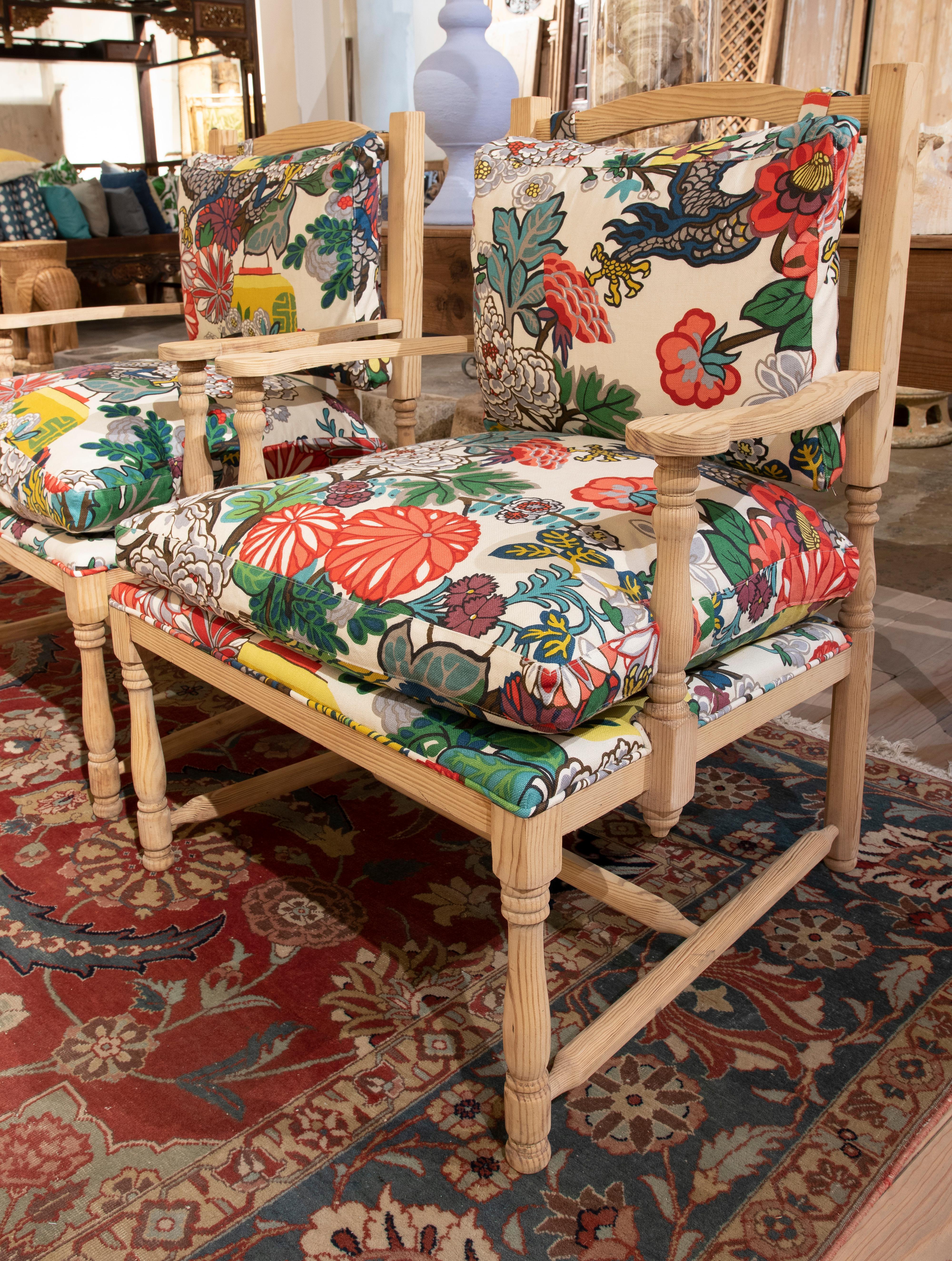 Pair of 1970s Spanish Andalusian Schumacher Fabric Upholstered Armchairs In Good Condition In Marbella, ES