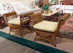 Pair of 1970s Spanish Andalusian Woven Rattan Foot Stools w/ Schumacher Fabric