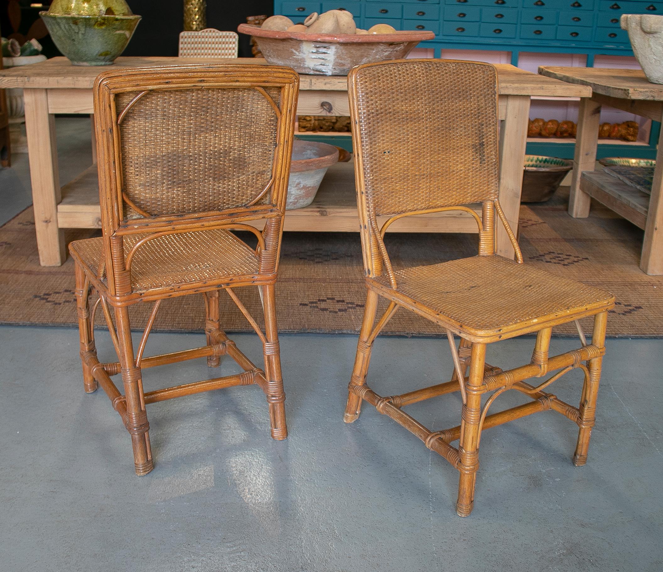 Pair of 1970s Spanish Bamboo and Hand Woven Wicker Chairs For Sale 1