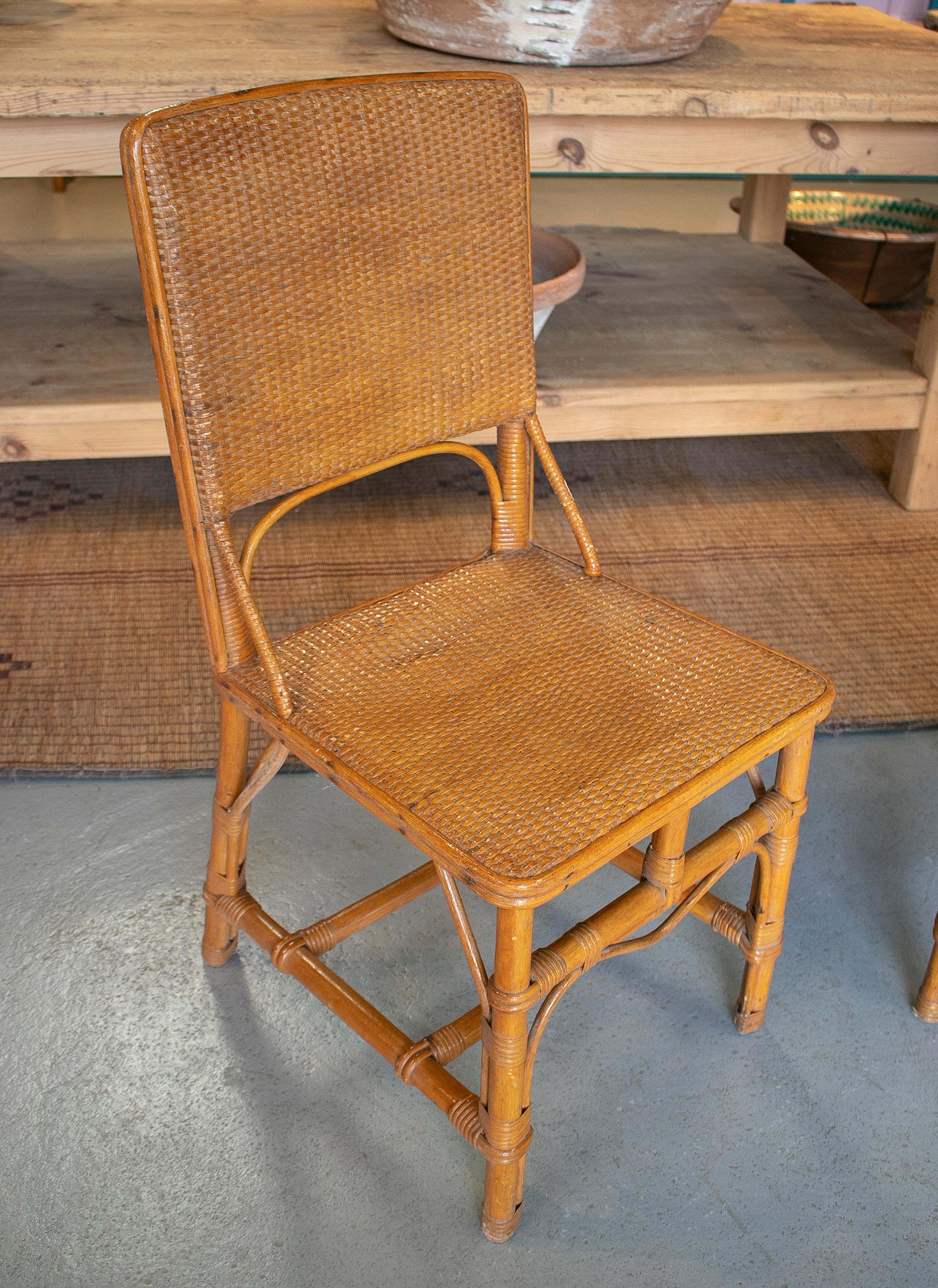 Pair of 1970s Spanish Bamboo and Hand Woven Wicker Chairs For Sale 2