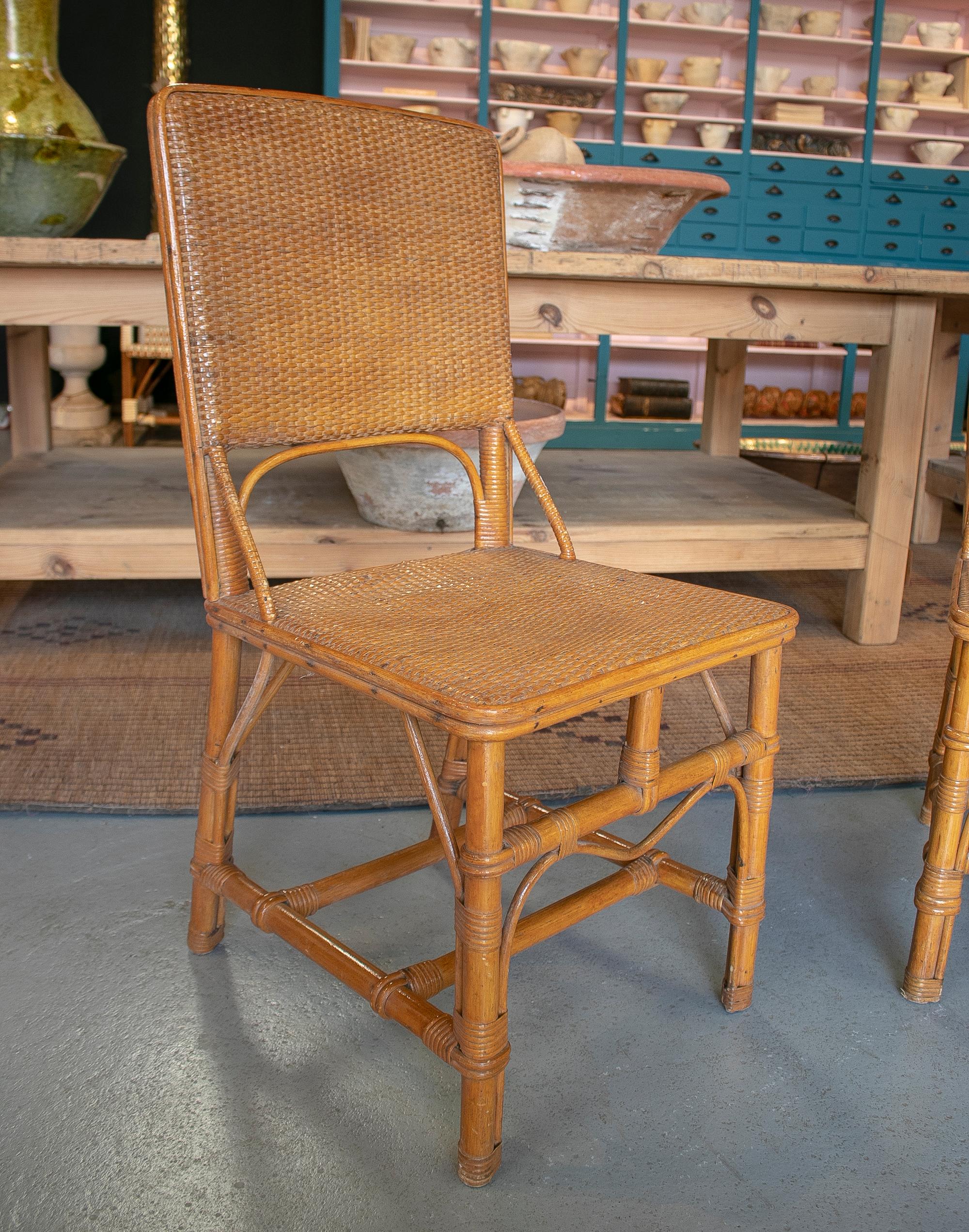 Pair of 1970s Spanish Bamboo and Hand Woven Wicker Chairs For Sale 3