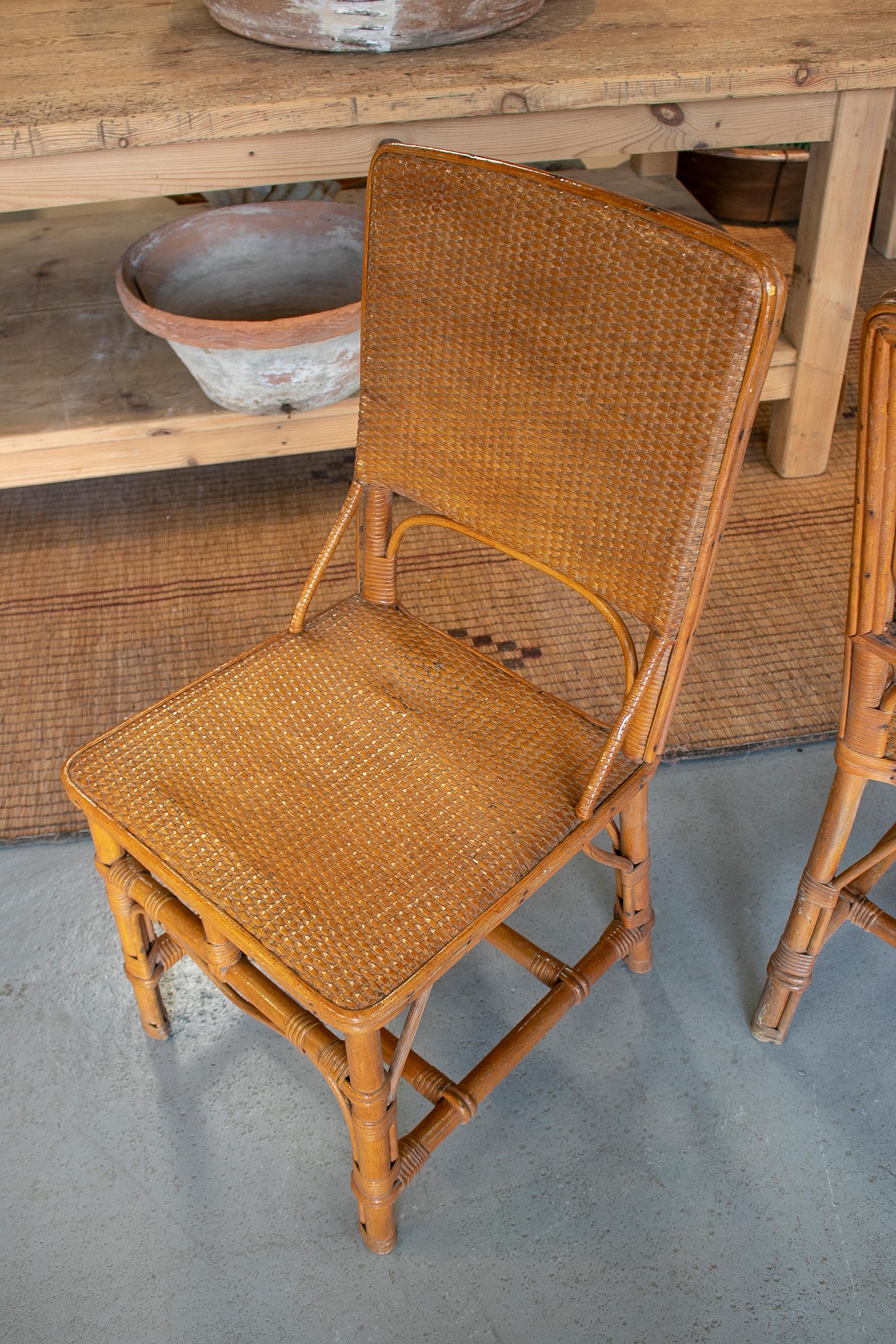 Pair of 1970s Spanish Bamboo and Hand Woven Wicker Chairs For Sale 4