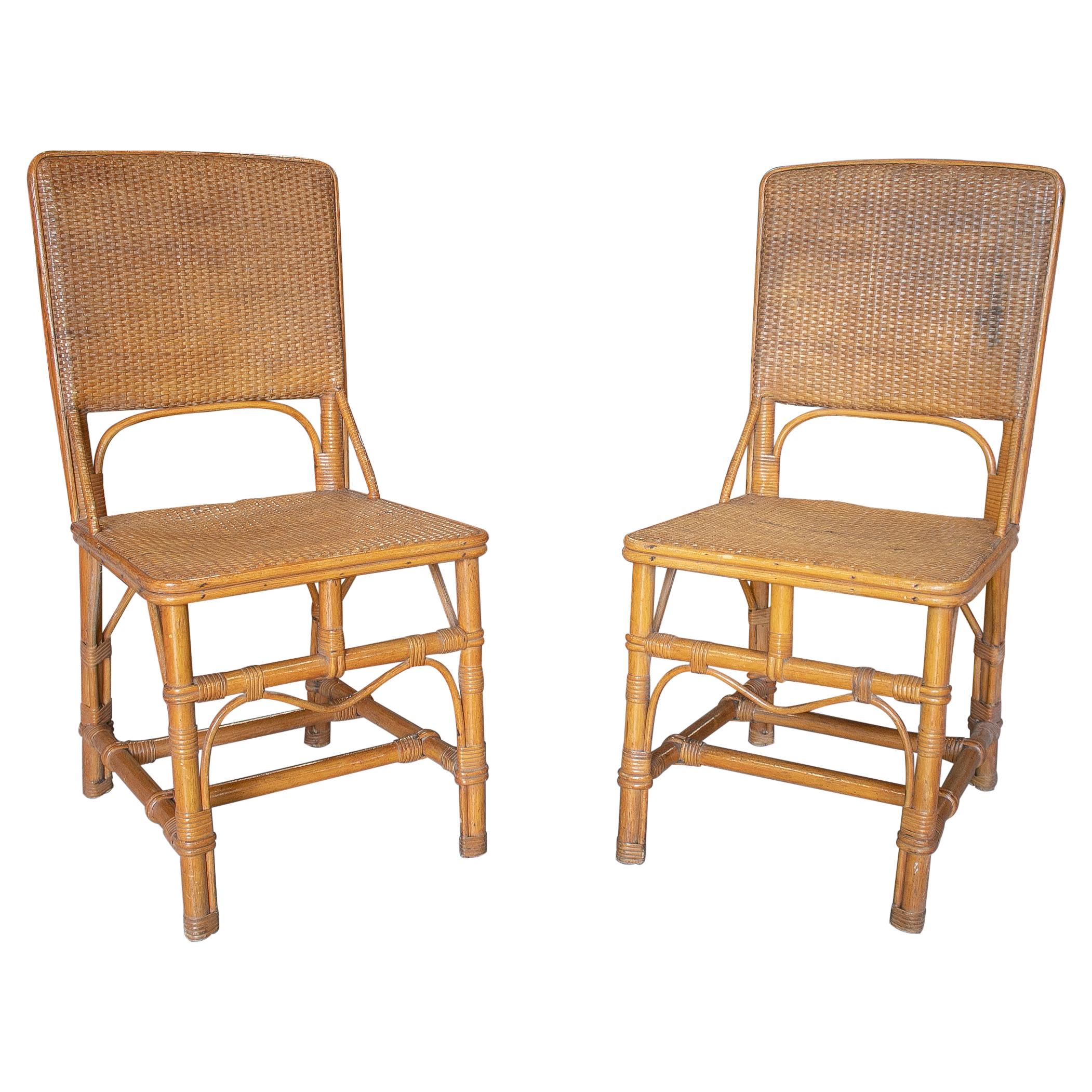 Pair of 1970s Spanish Bamboo and Hand Woven Wicker Chairs