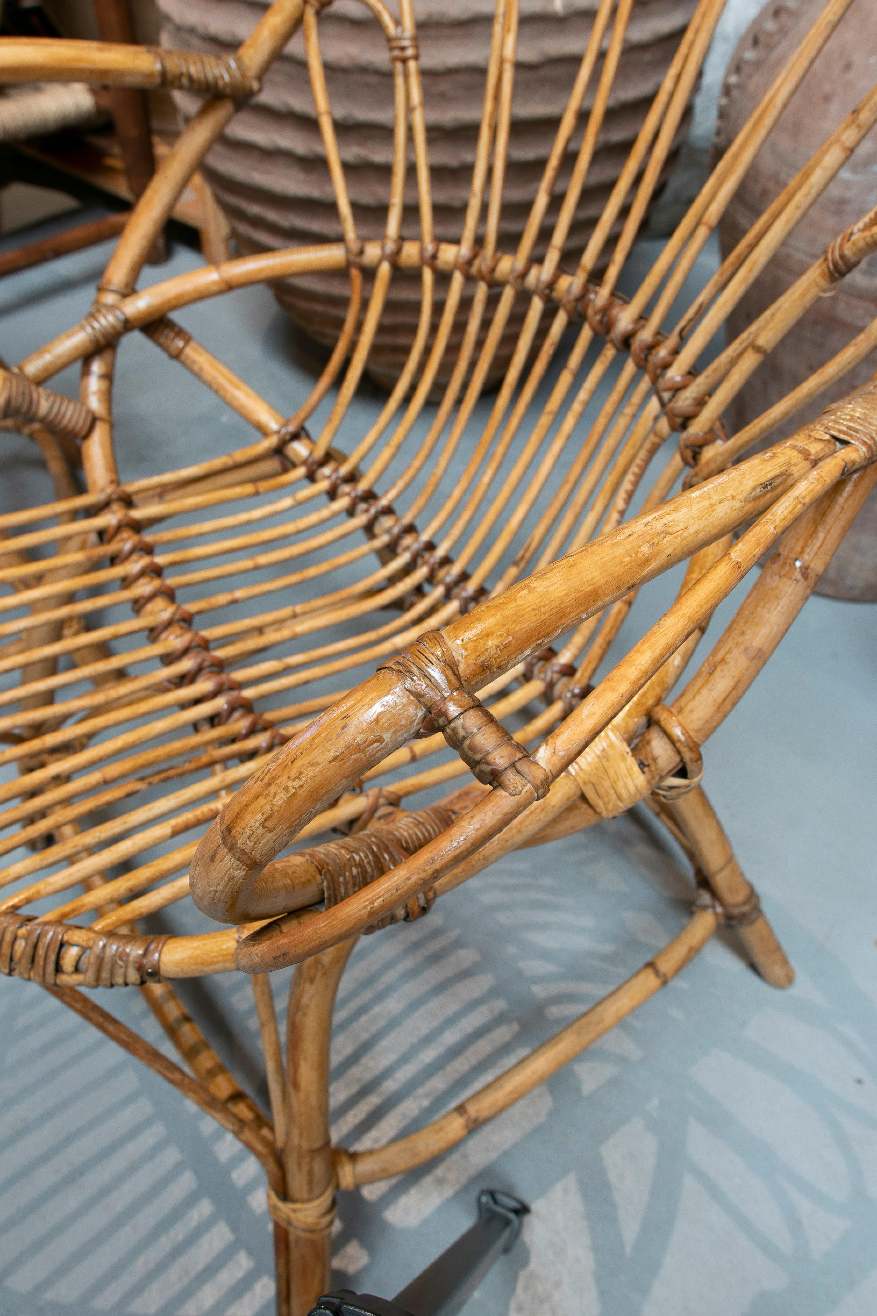 Pair of 1970s Spanish Bamboo & Woven Wicker Armchairs 6