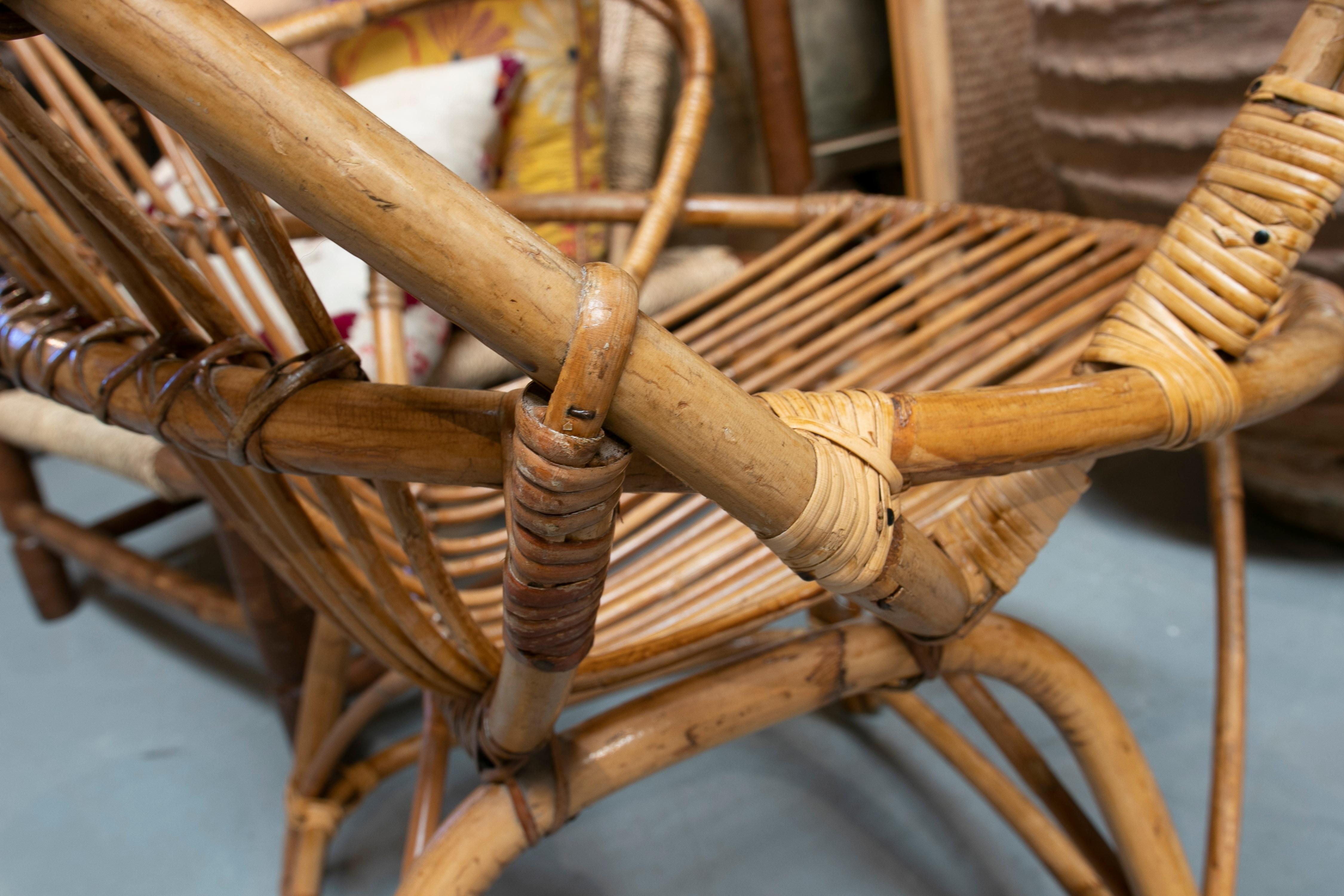 Pair of 1970s Spanish Bamboo & Woven Wicker Armchairs For Sale 12