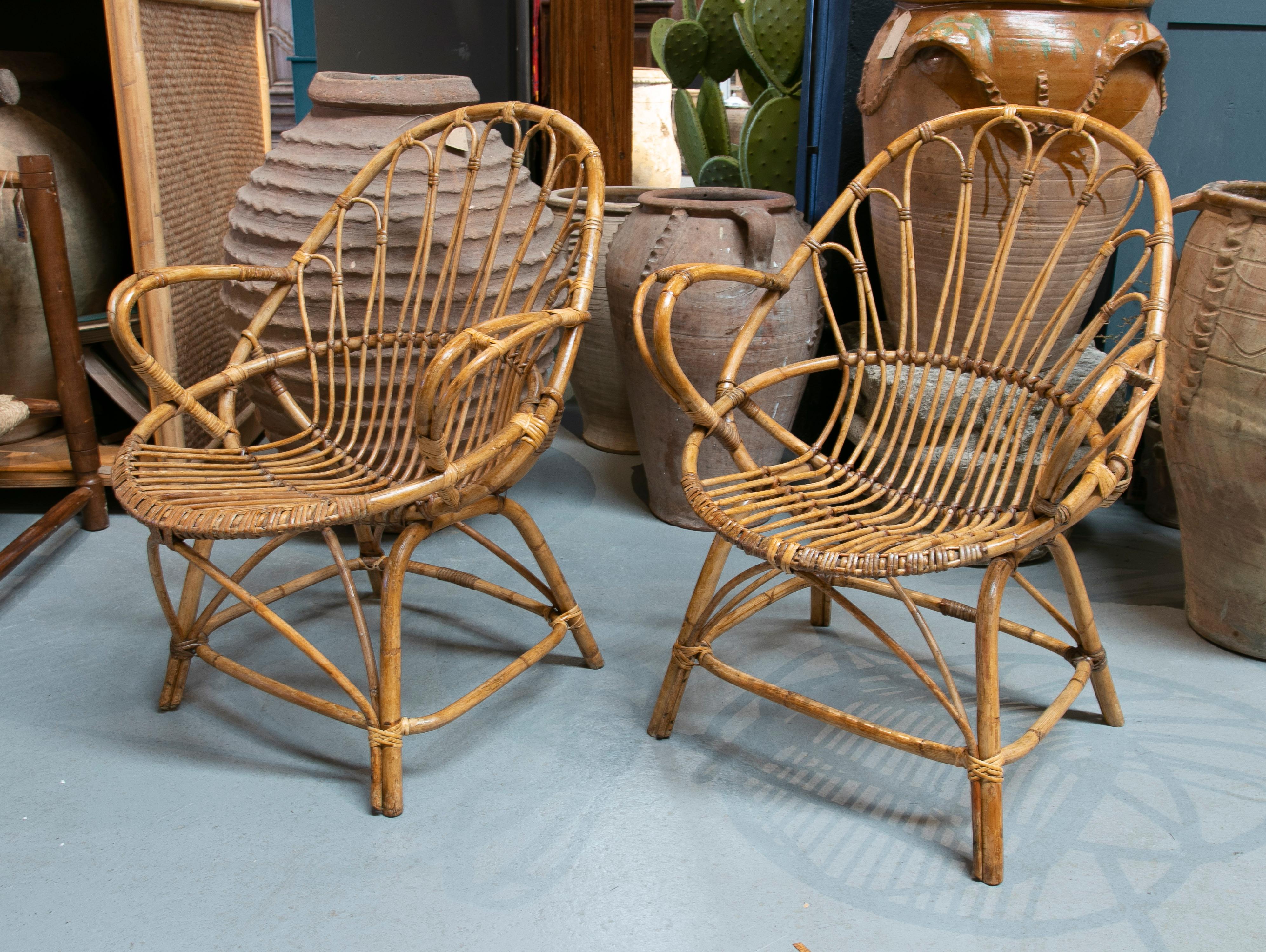 Pair of 1970s Spanish Bamboo & Woven Wicker Armchairs In Good Condition For Sale In Marbella, ES