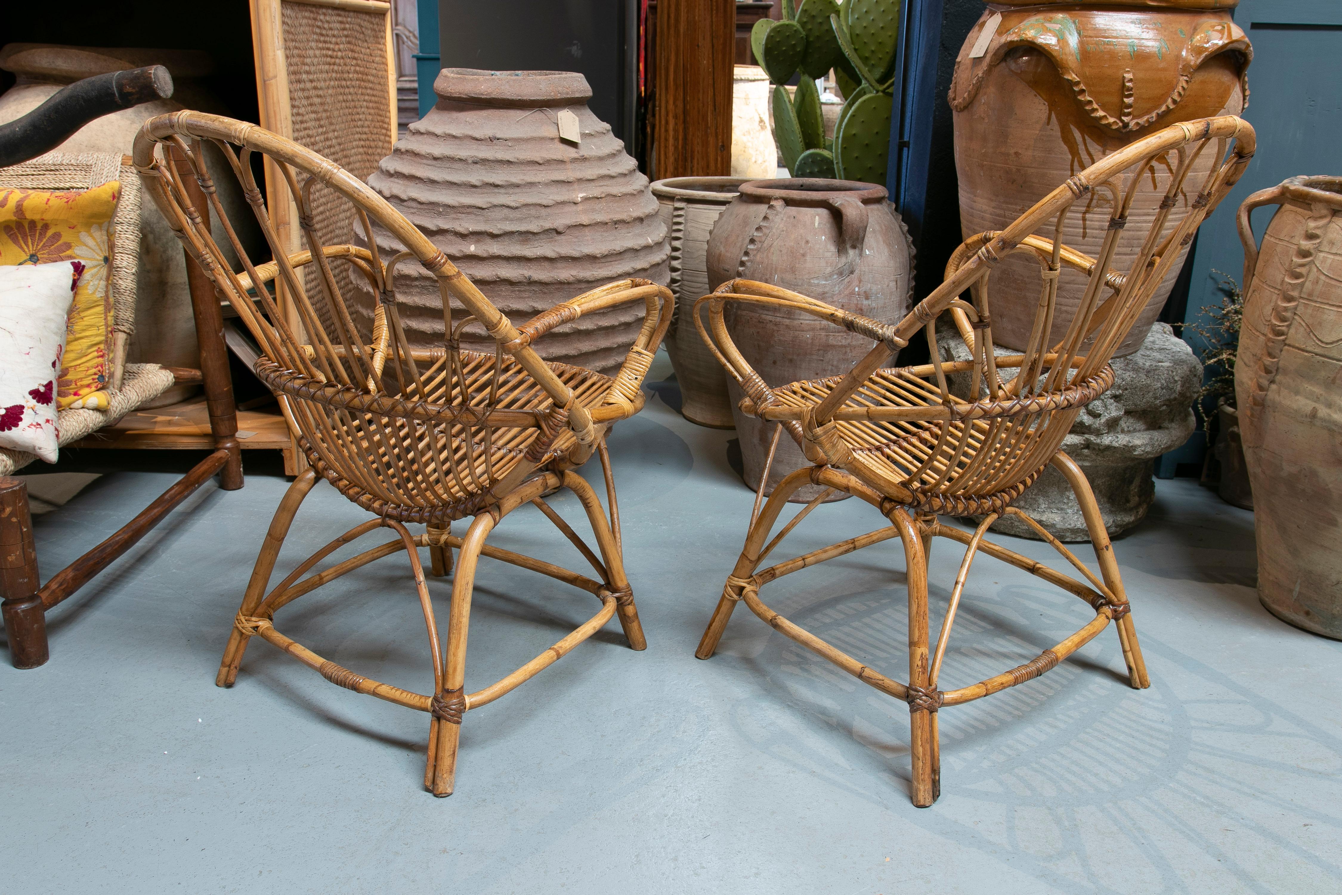 20th Century Pair of 1970s Spanish Bamboo & Woven Wicker Armchairs