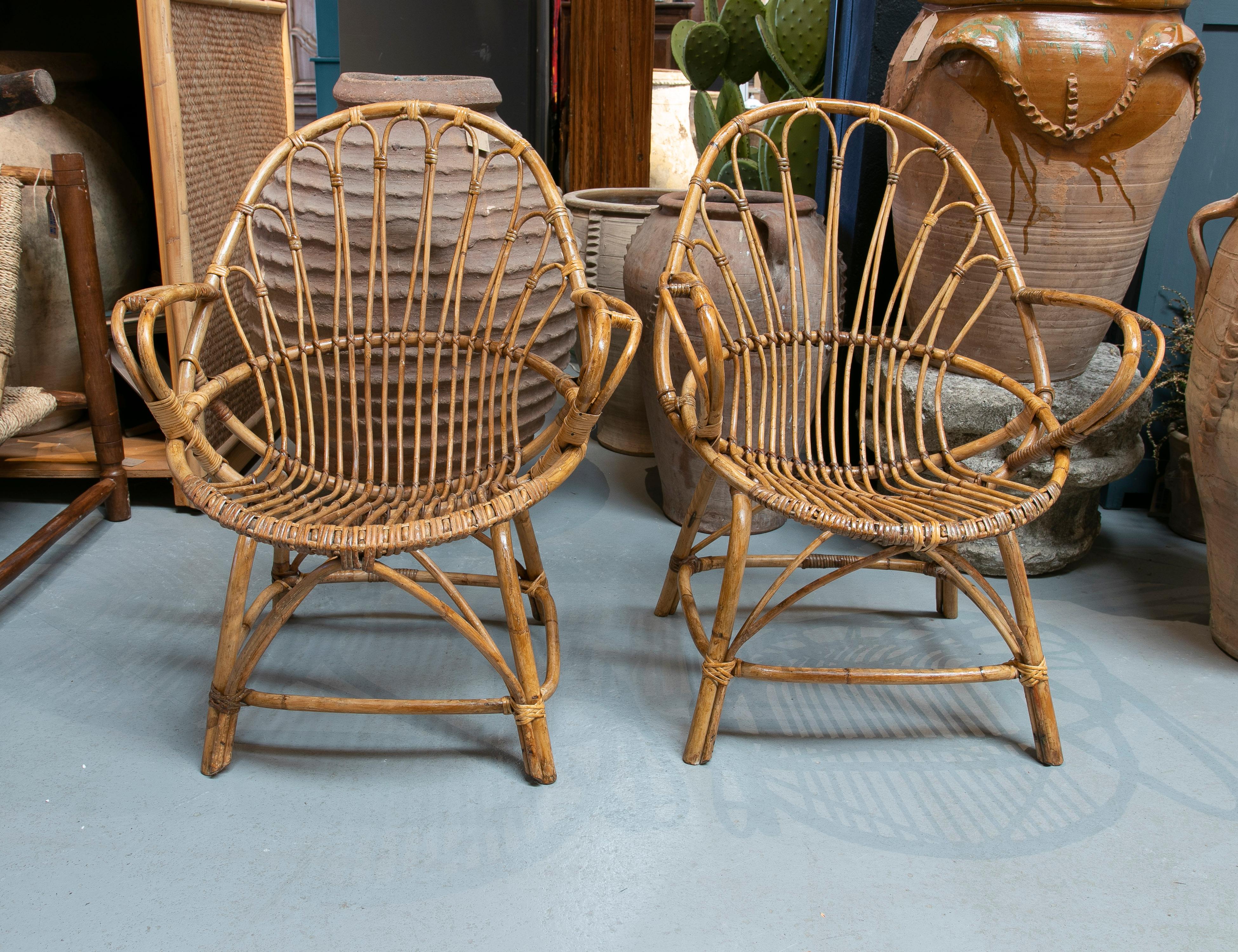 Pair of 1970s Spanish Bamboo & Woven Wicker Armchairs 1