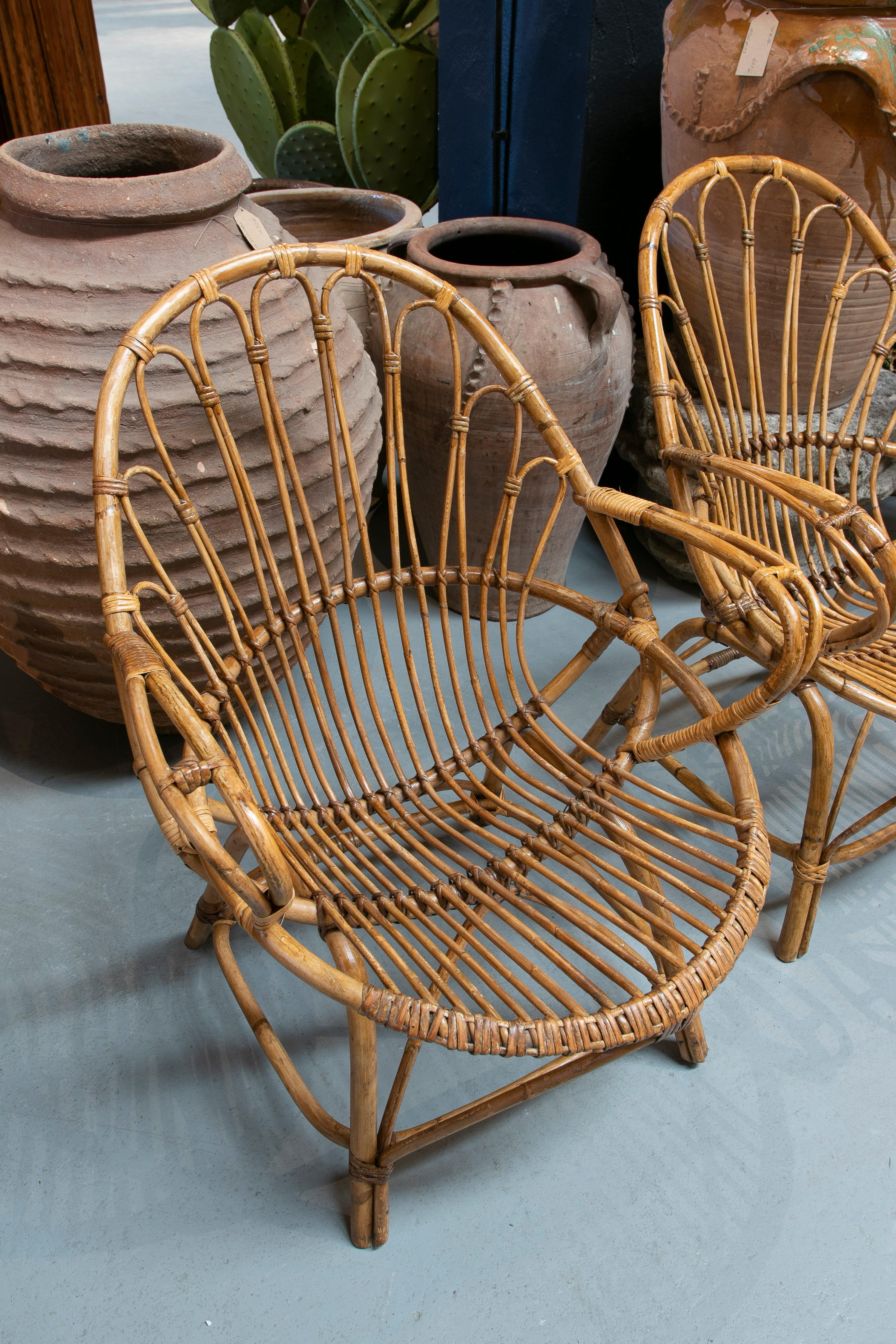 Pair of 1970s Spanish Bamboo & Woven Wicker Armchairs 2