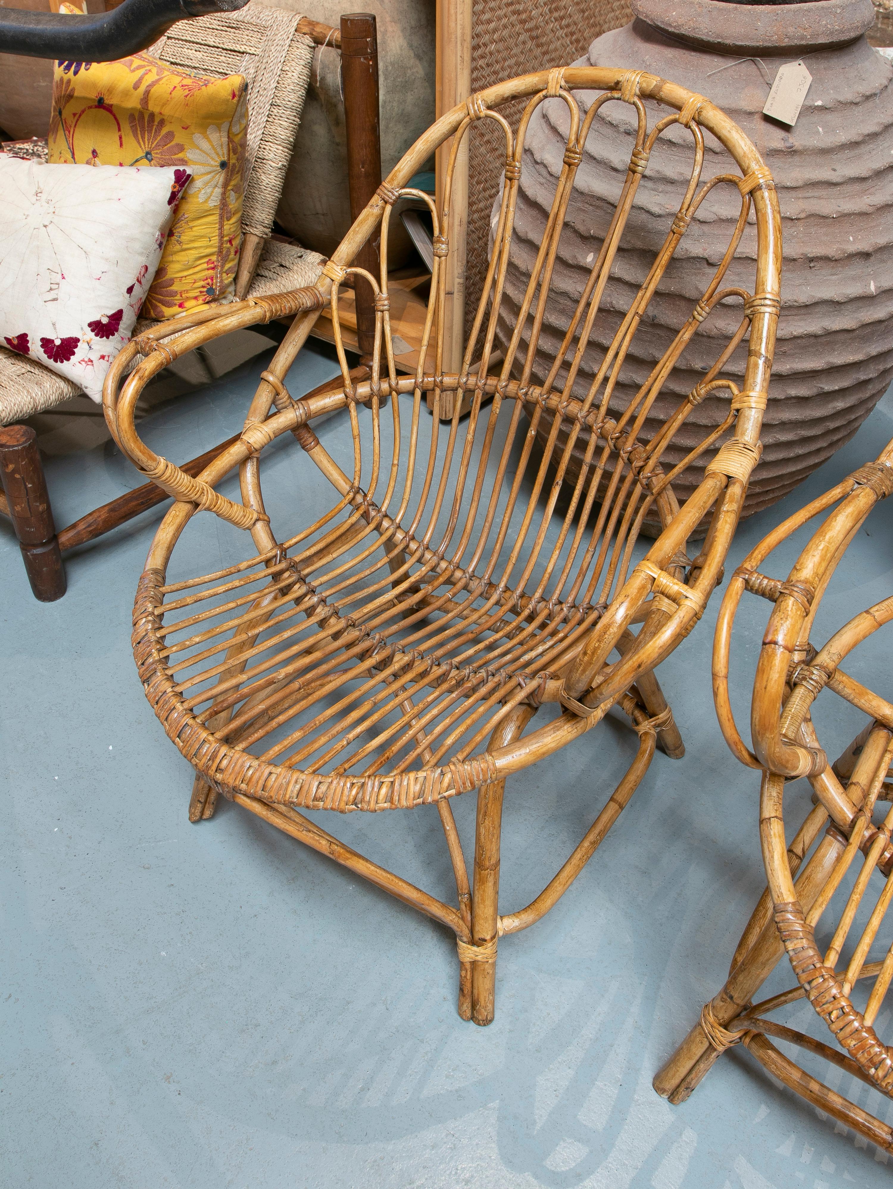 Pair of 1970s Spanish Bamboo & Woven Wicker Armchairs For Sale 3