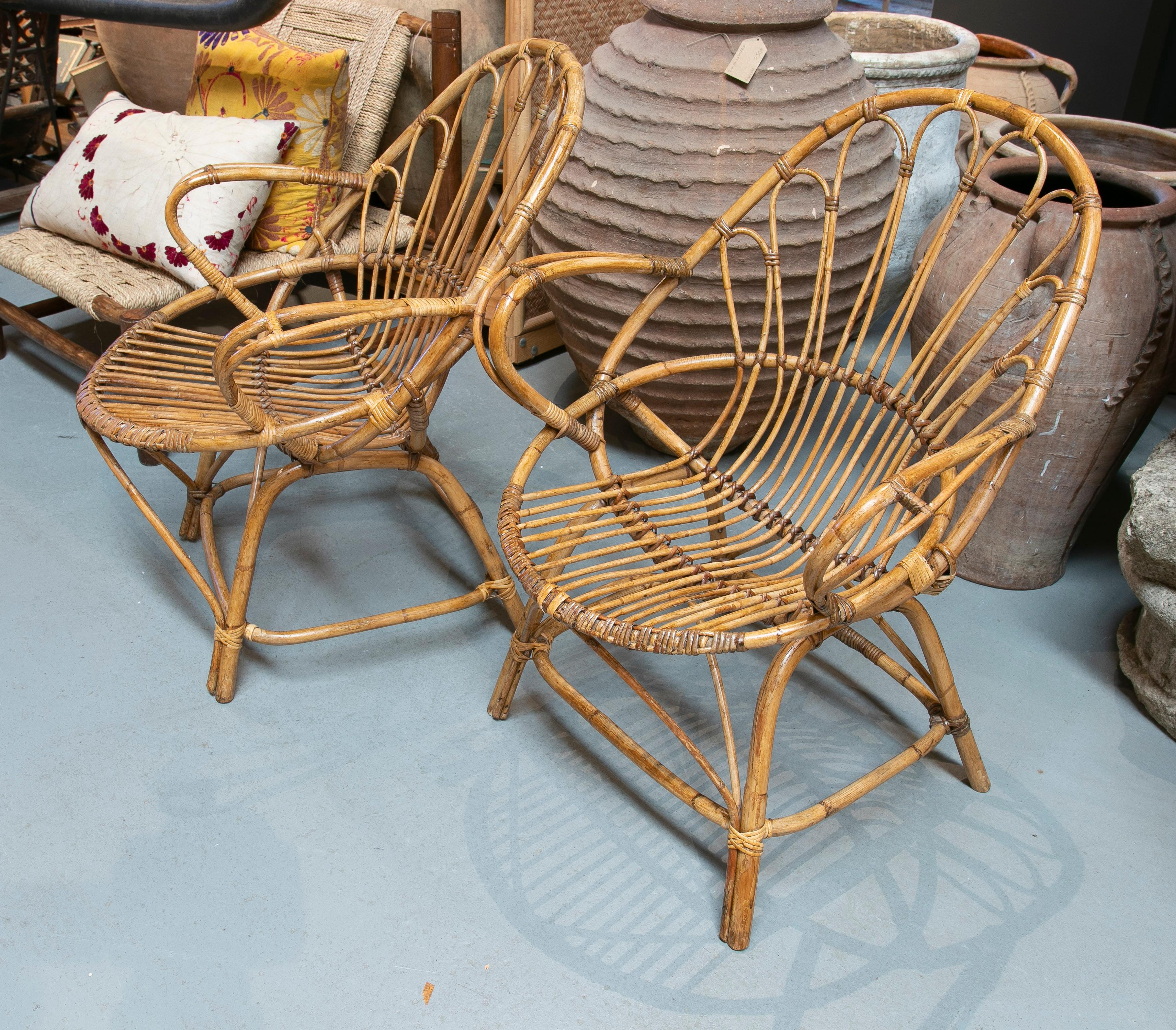 Pair of 1970s Spanish Bamboo & Woven Wicker Armchairs For Sale 4