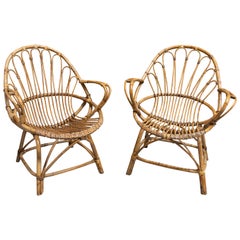 Pair of 1970s Spanish Bamboo & Woven Wicker Armchairs