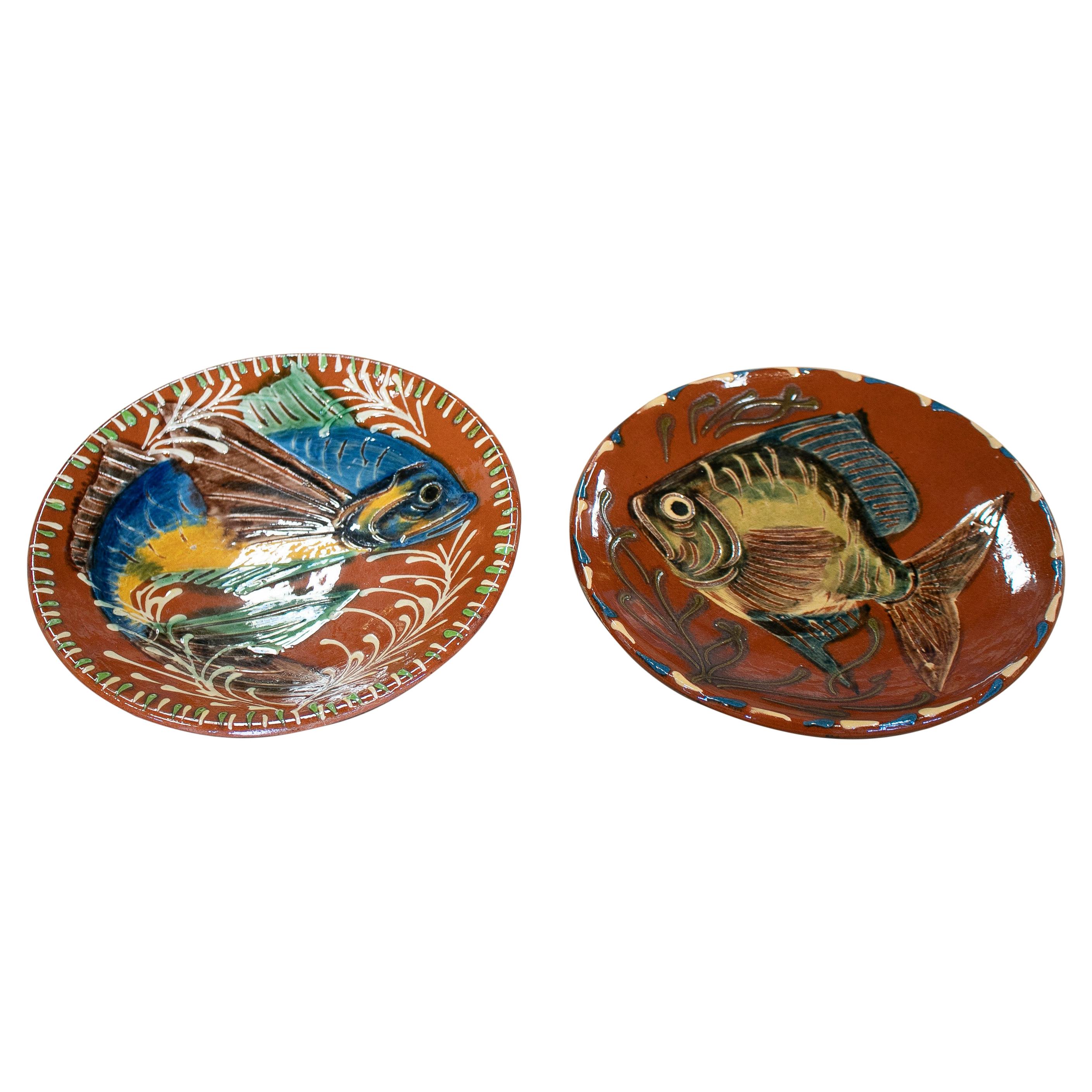 Pair of 1970s Spanish Ceramic Plates w/ Hand Painted Fish