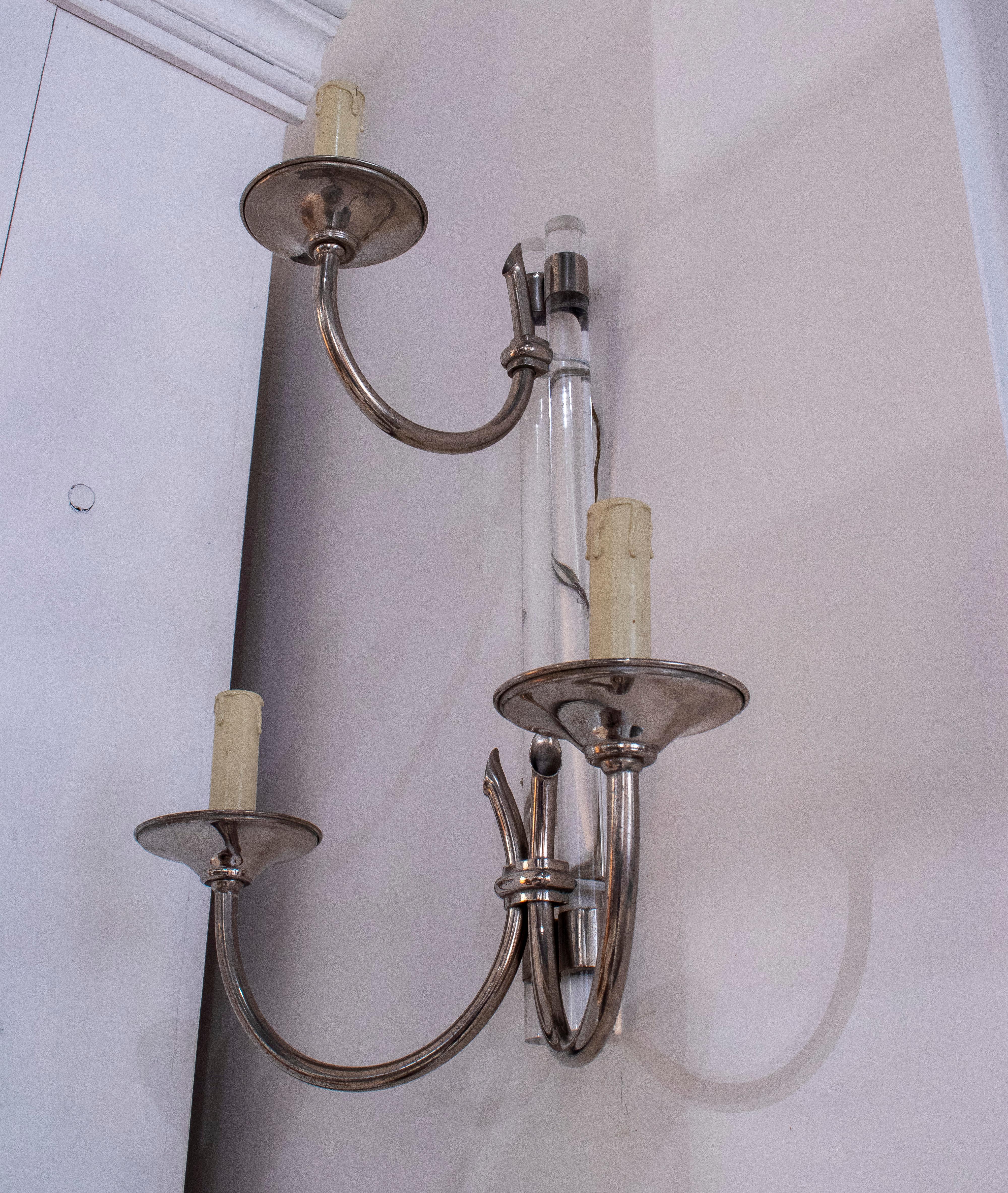 Pair of vintage 1970s Spanish chromed steel and plexiglass 3-arm wall sconce lamps.