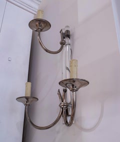 Pair of 1970s Spanish Chromed Steel & Plexiglass 3-Arm Wall Sconce Lamps