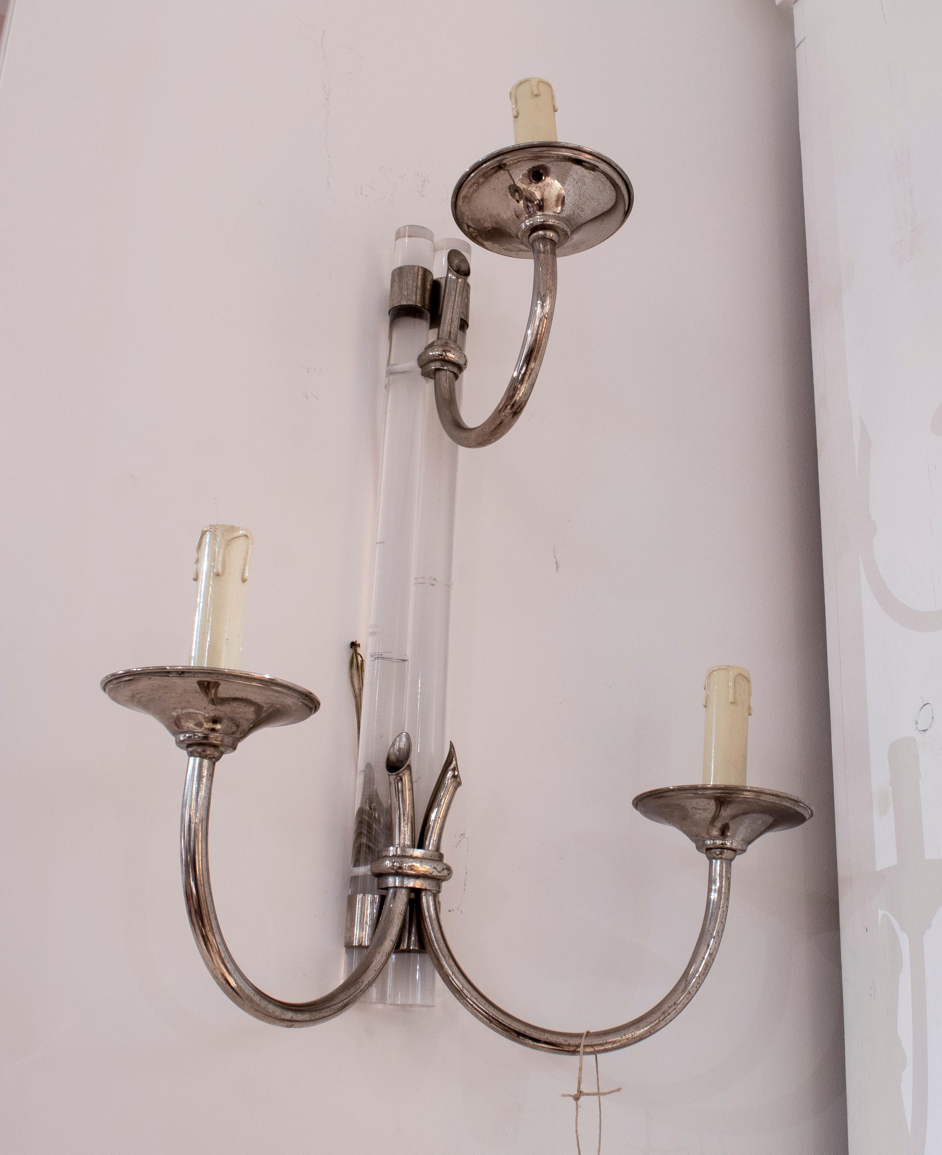 Pair of 1970s Spanish Chromed Steel & Plexiglass 3-Arm Wall Sconce Lamps For Sale 2