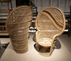 Pair of 1970s Spanish Emmanuelle Woven Wicker Tall Back Armchairs