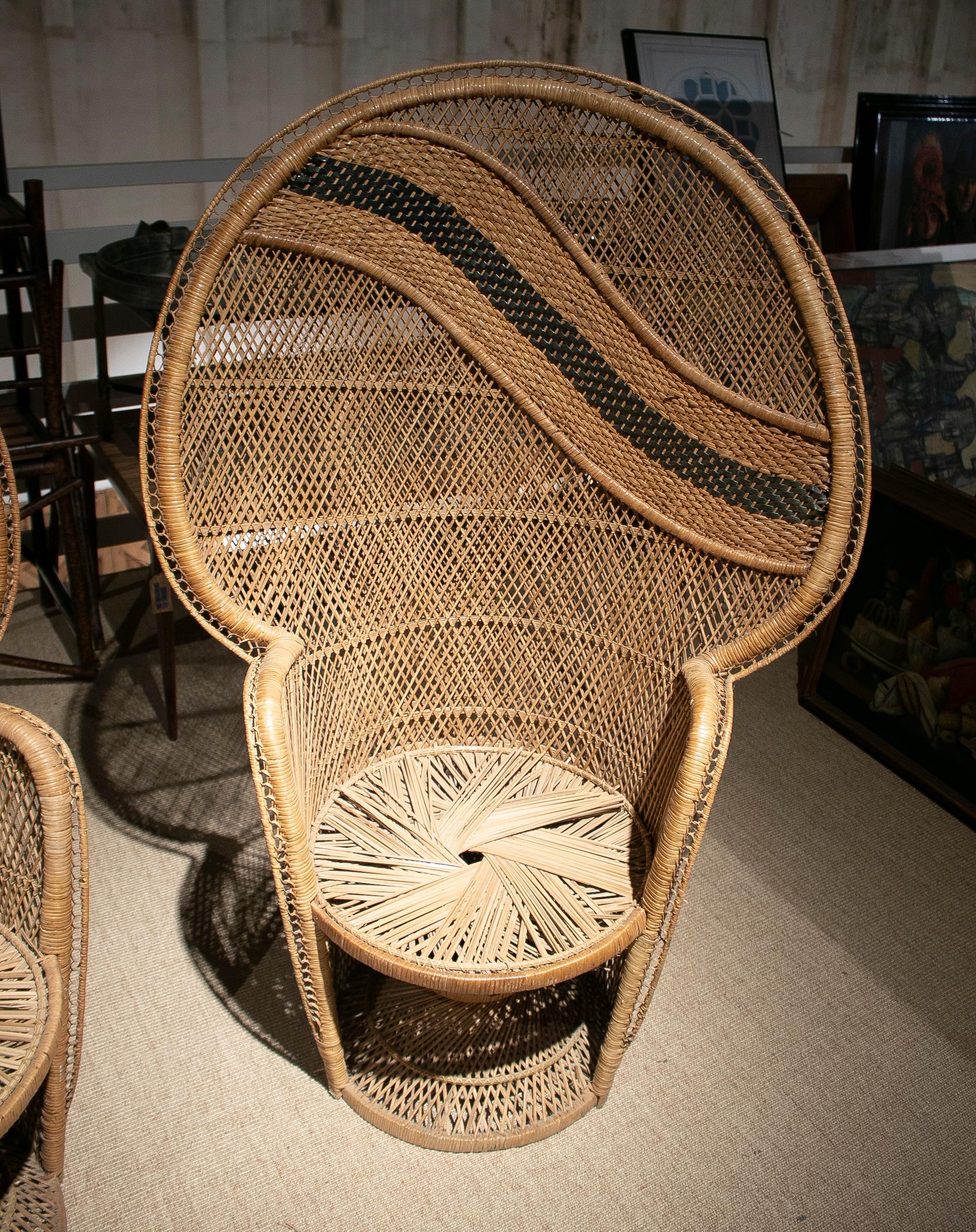 20th Century Pair of 1970s Spanish Emmanuelle Woven Wicker Tall Back Armchairs