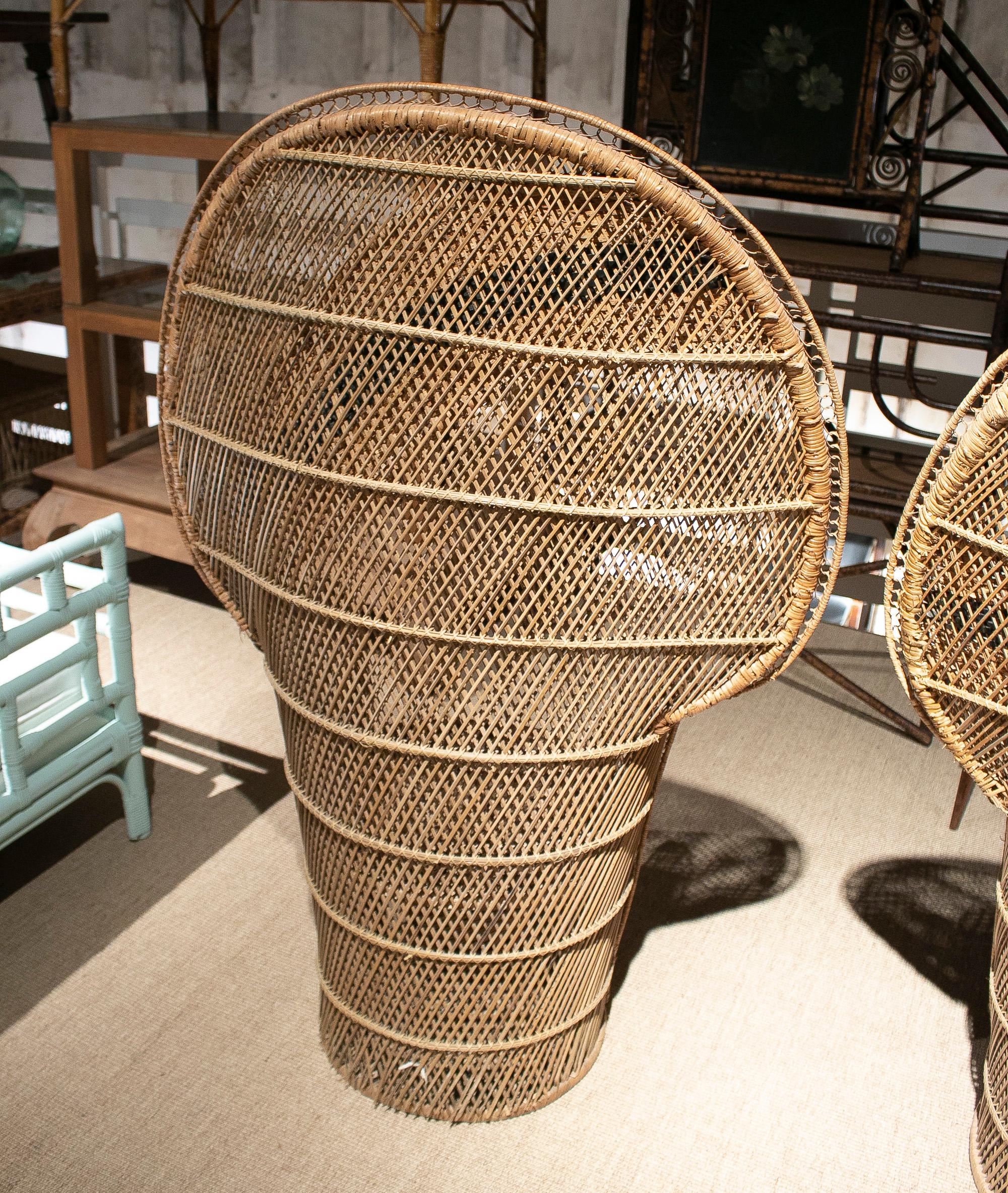 Pair of 1970s Spanish Emmanuelle Woven Wicker Tall Back Armchairs 2